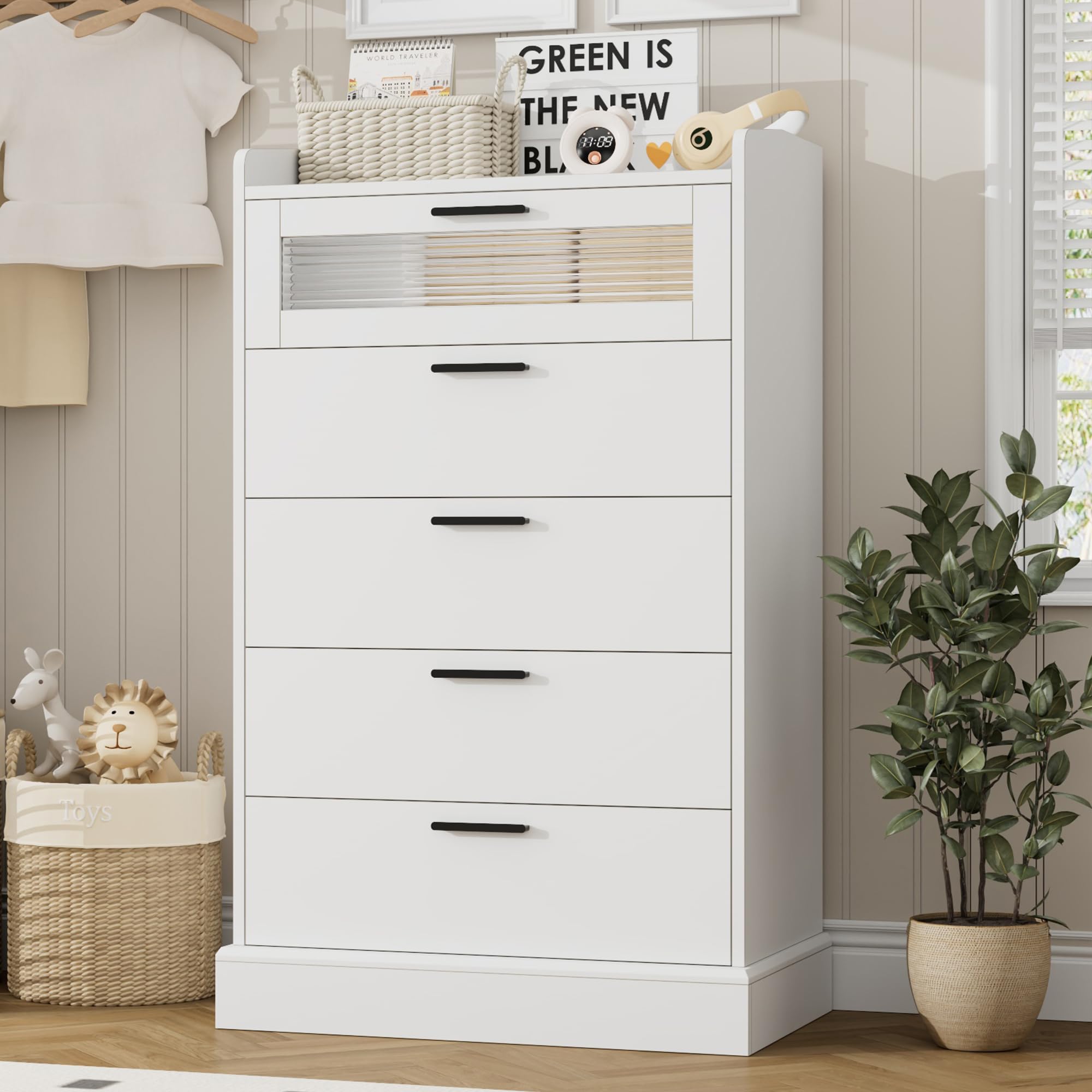 IDEALHOUSE White 5 Drawer Dresser for Bedroom, 48” Tall Dresser Organizer, Wood