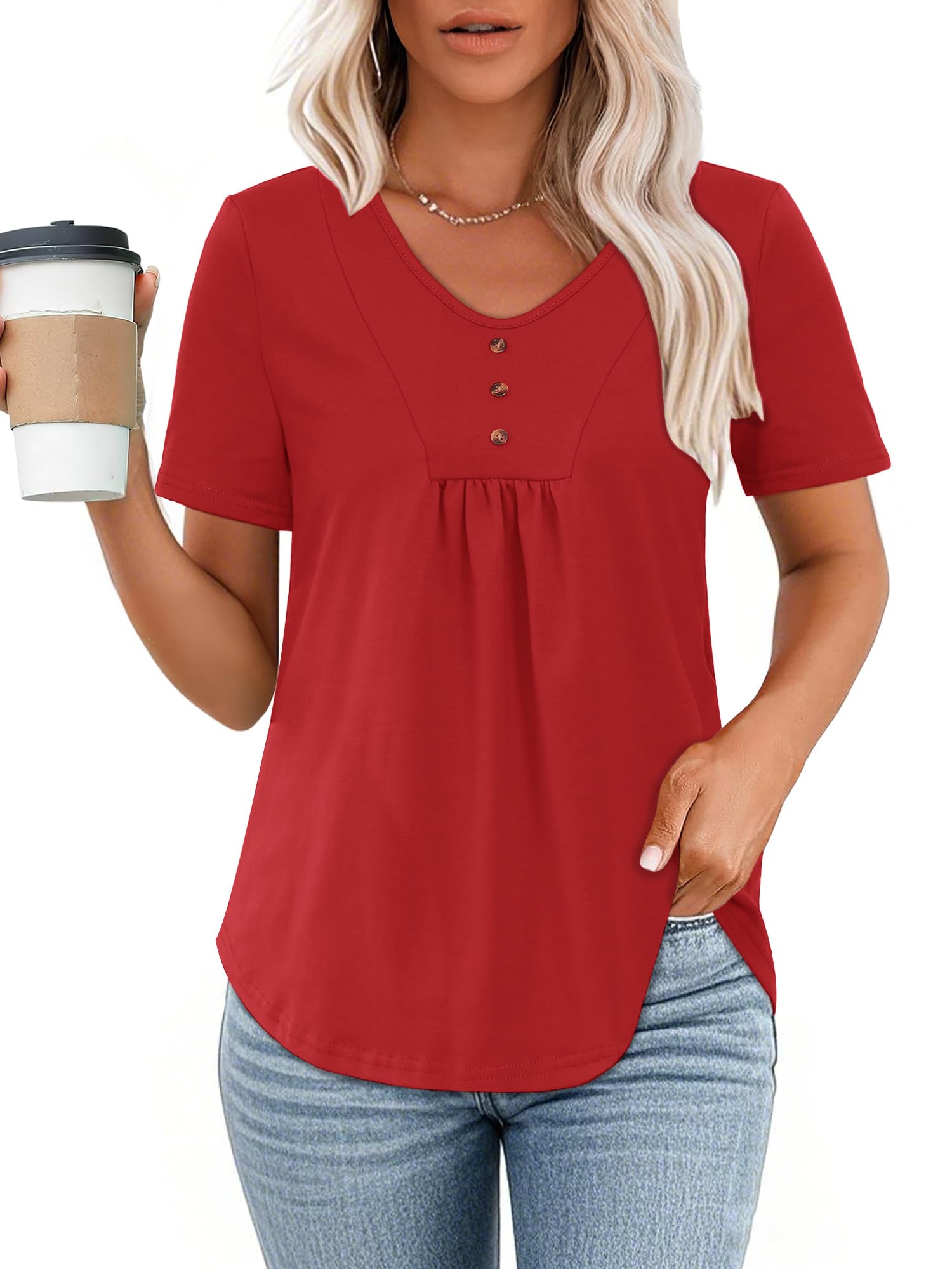 Women's Short Sleeve Tops V Neck Tshirts Pleated Casual Tunic Top Solid Summer Tees