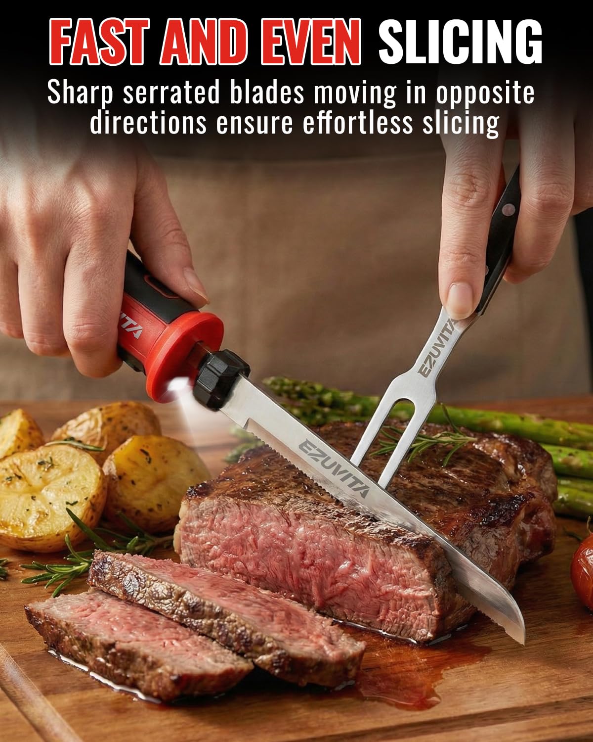 Couteau Électrique sans Fil 8V, Couteau Cuisine Électrique avec 2 Lames, Fourchette, Batterie Remplaçable 2000mAh, Lavable au Lave-vaisselle, Couteau à Pain Électrique pour Viande, Pain—Rouge