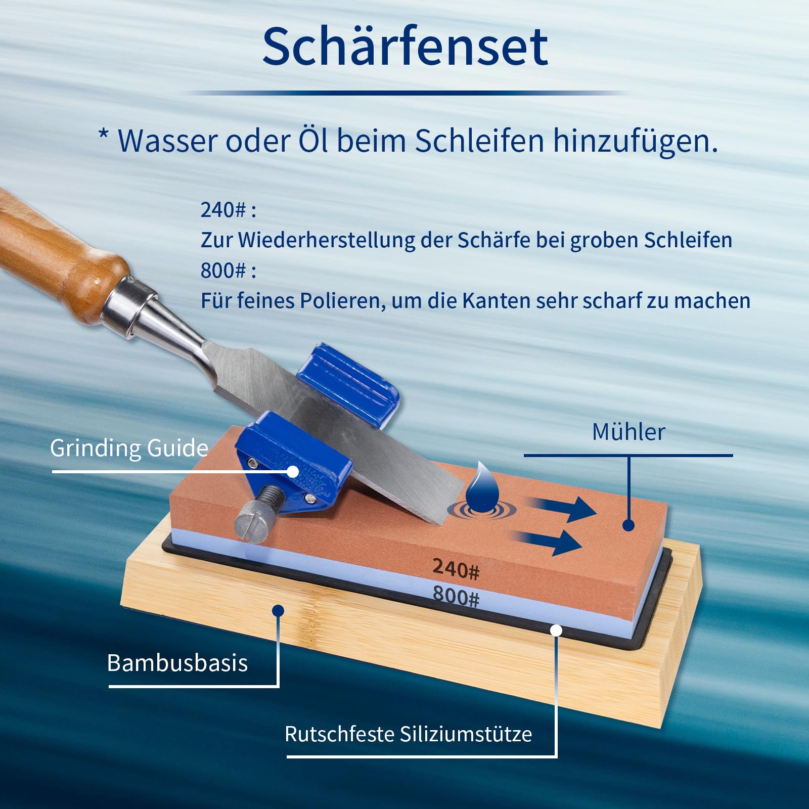 8 Stück Premium Holzmeissel Set, 8 Stück Holzmeissel mit 1 Stück Honing Guide und 1 Stück Schleifstein