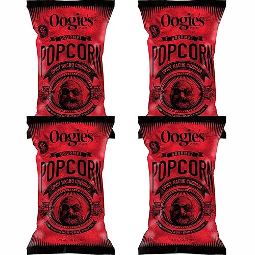 Oogie's Gourmet Popcorn Paquete de 4  Sabor picante Nacho Cheddar  Snacks de palomitas de maíz sin gluten  Bolsa grande de 4.25 onzas