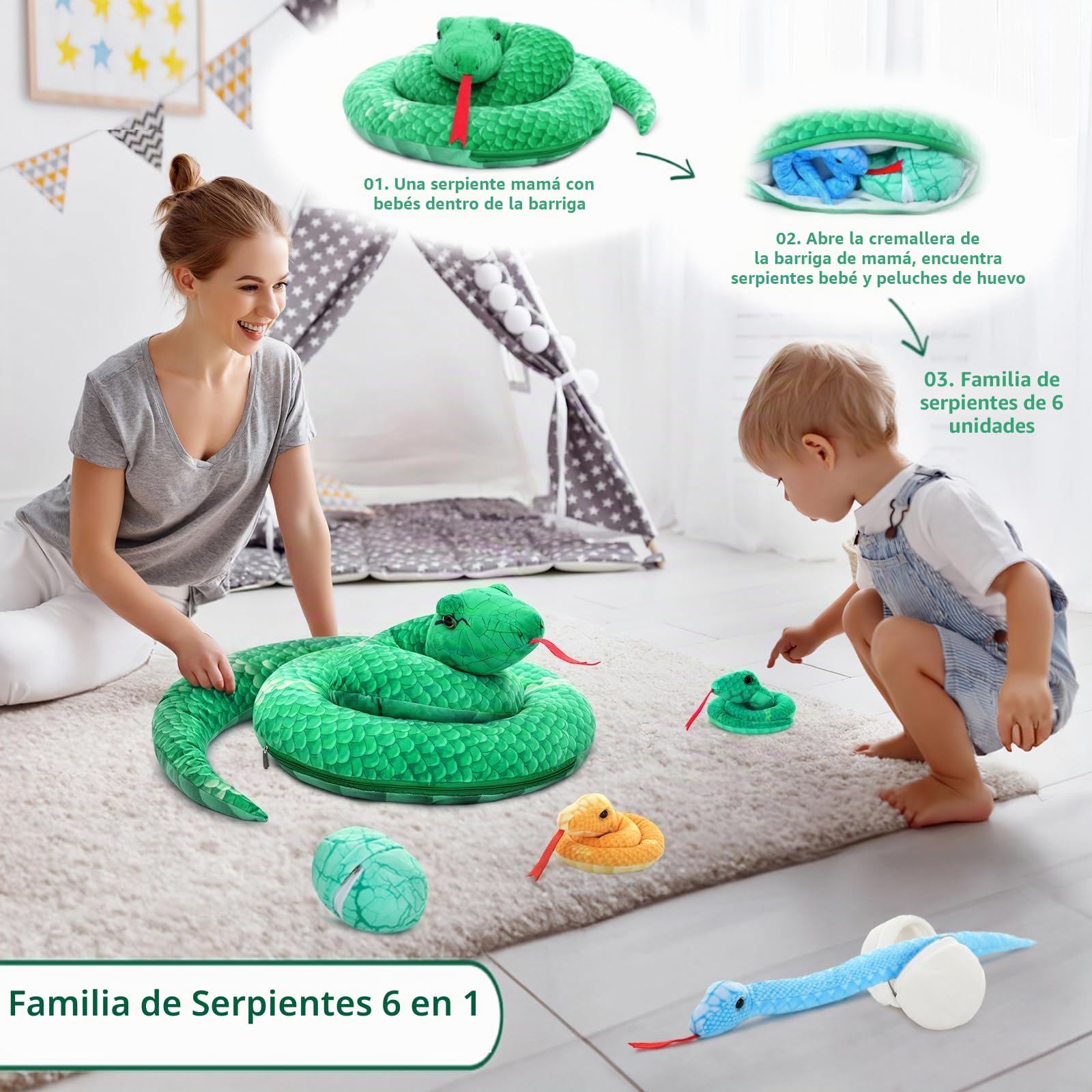 MorisMos Serpiente de Peluche XXL con Bebe en el Vientre, 140 cm de Largo Gran Serpiente Juguetes de Peluche Animales Realista, Regalo para Niños Niñas Cumpleaños Navidad