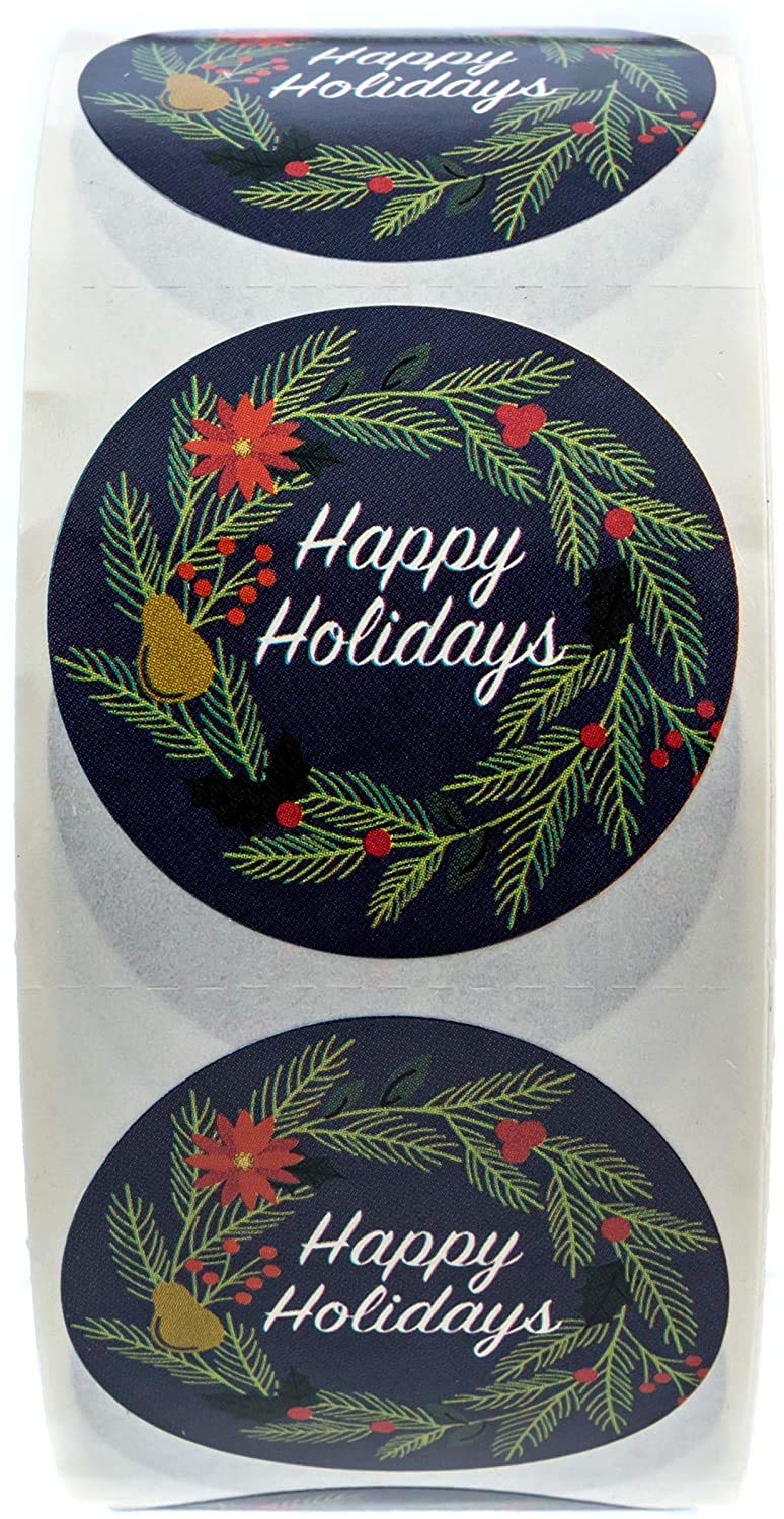 Granatowe świąteczne kwiatowe naklejki Happy Holidays - 3,8 cm okrągłe etykiety / 1000 w opakowaniu