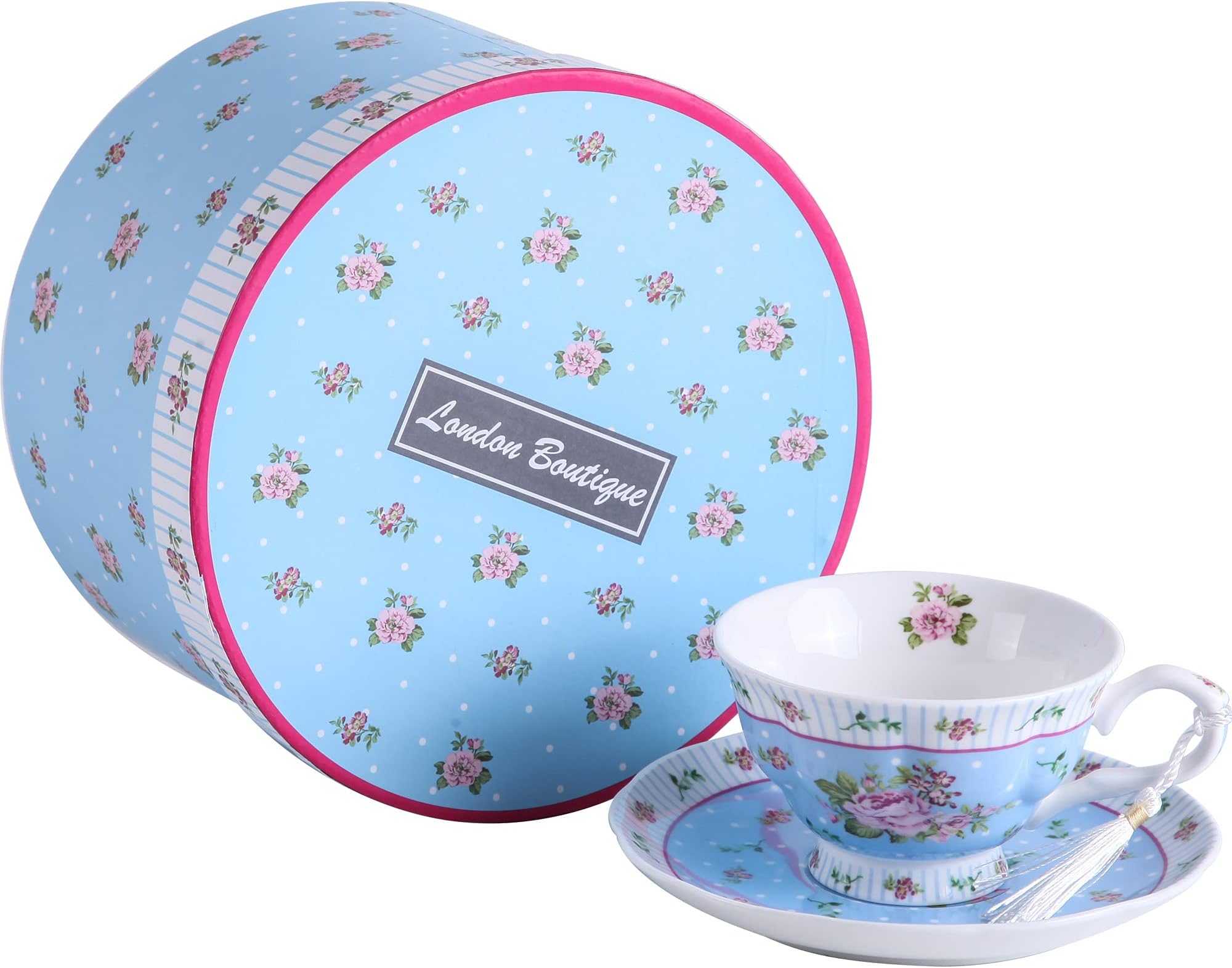 London Boutique Luxury New Bone China Tea Cup and Saucer Set – Vintage Floral Design – Elegant Afternoon Tea Coffee Cup – Gift Box (220ml) (Rose Blue 1pc Set)