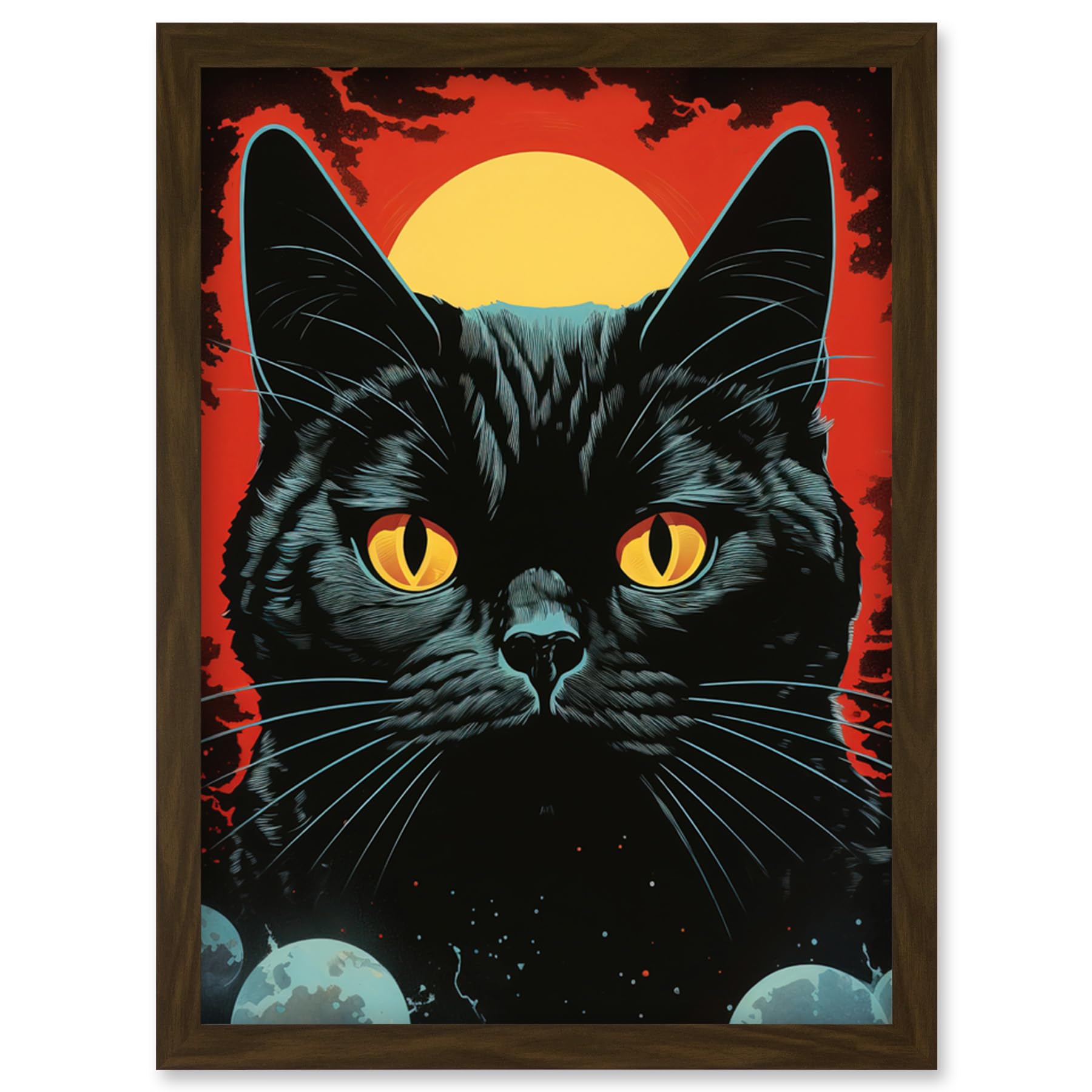 Vintage Pulp Art Sci-Fi Black Cat Celestial Solar Eclipse Wall Art Print - Framed A4