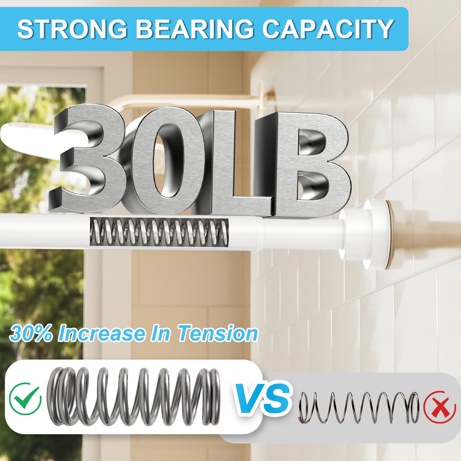Shower Curtain Pole Extendable Curtain Poles 79-195 Cm Tension Rods For Curtains Extendable No Drill Shower Curtain Rail Non-Slip White Shower Pole for Bathroom Kitchen Bedroom - Image 2