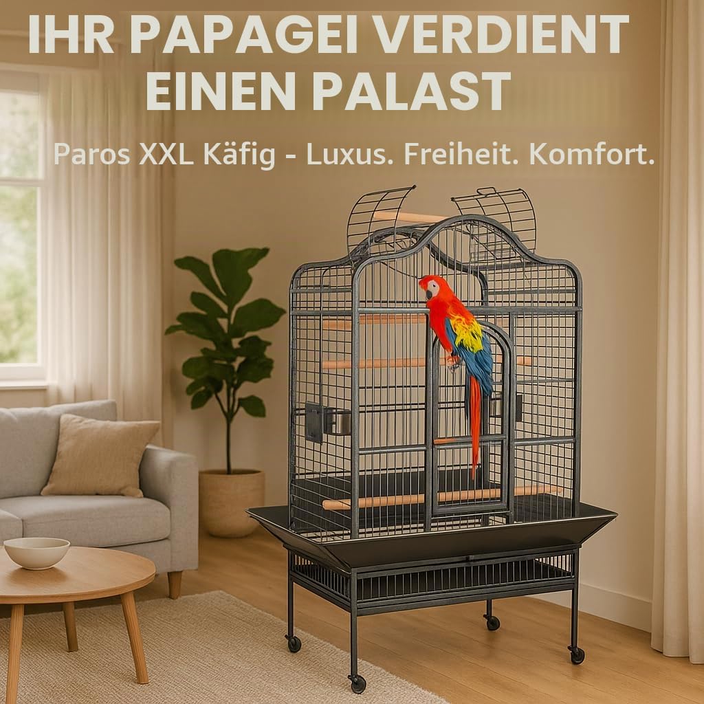 Flamingo Vogelkäfig – Voliere Vögel – Paros Antrazit – 125×92,5×173,5 cm – 4 Holzsitzstangen, 3 Näpfe, Sicherheitsfront, Dachöffnung, Metall-Schublade, Rollen