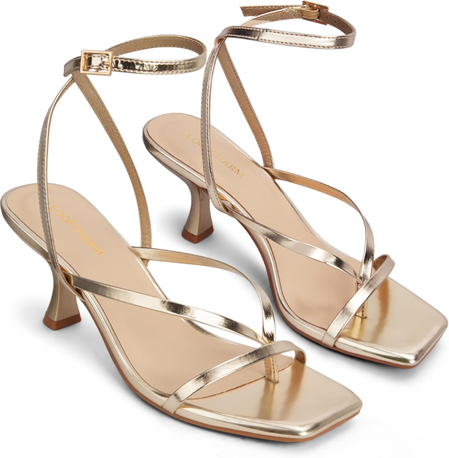 Women's Kitten Heel Strappy Open Square Toe Thong Ankle Strap Heels for Wedding - Image 4