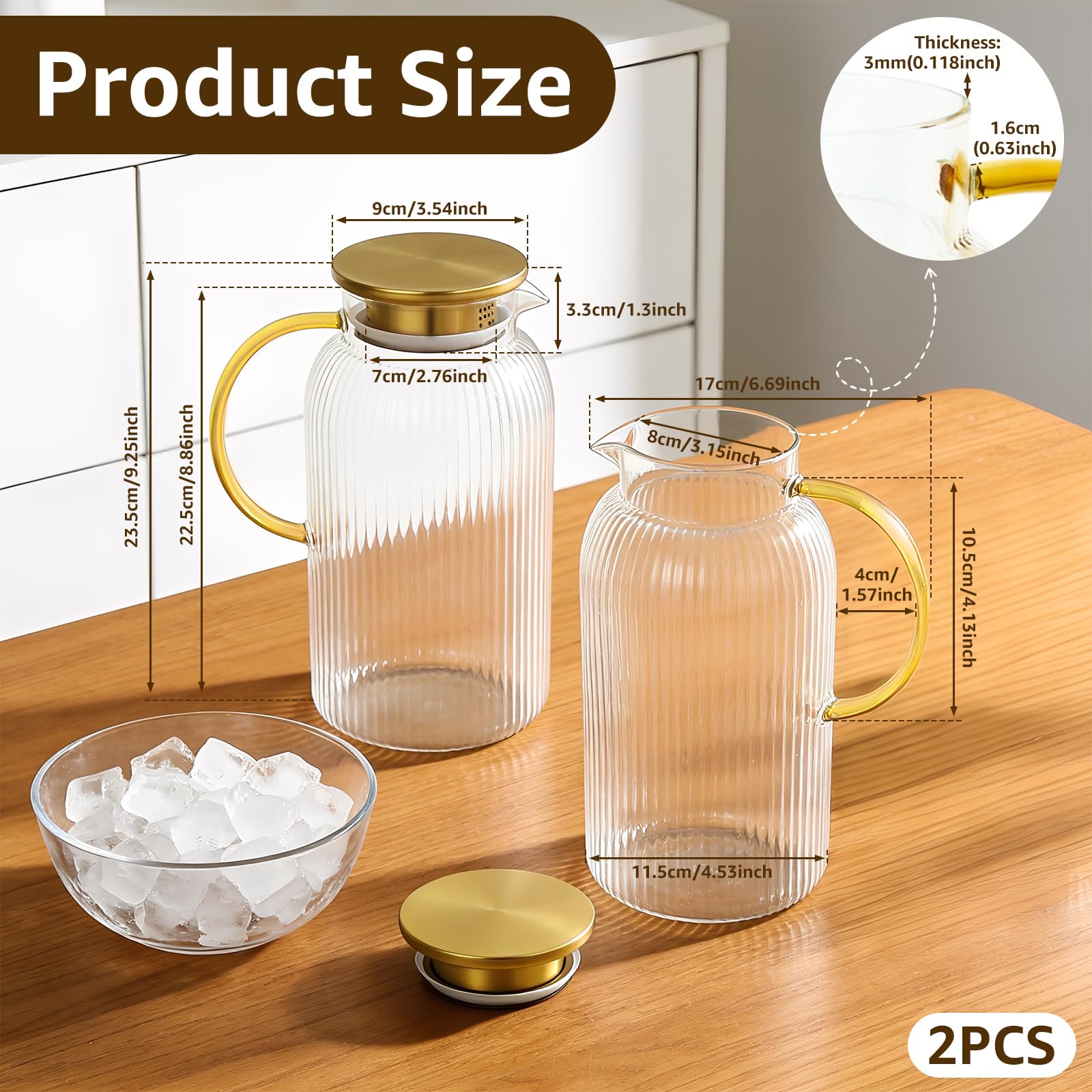 Confezione da 2 brocche in vetro con coperchio, 2 litri, classiche a righe verticali, con manico, caraffa per acqua in vetro, per caffè freddo, tè al sole, bevande resistenti al calore