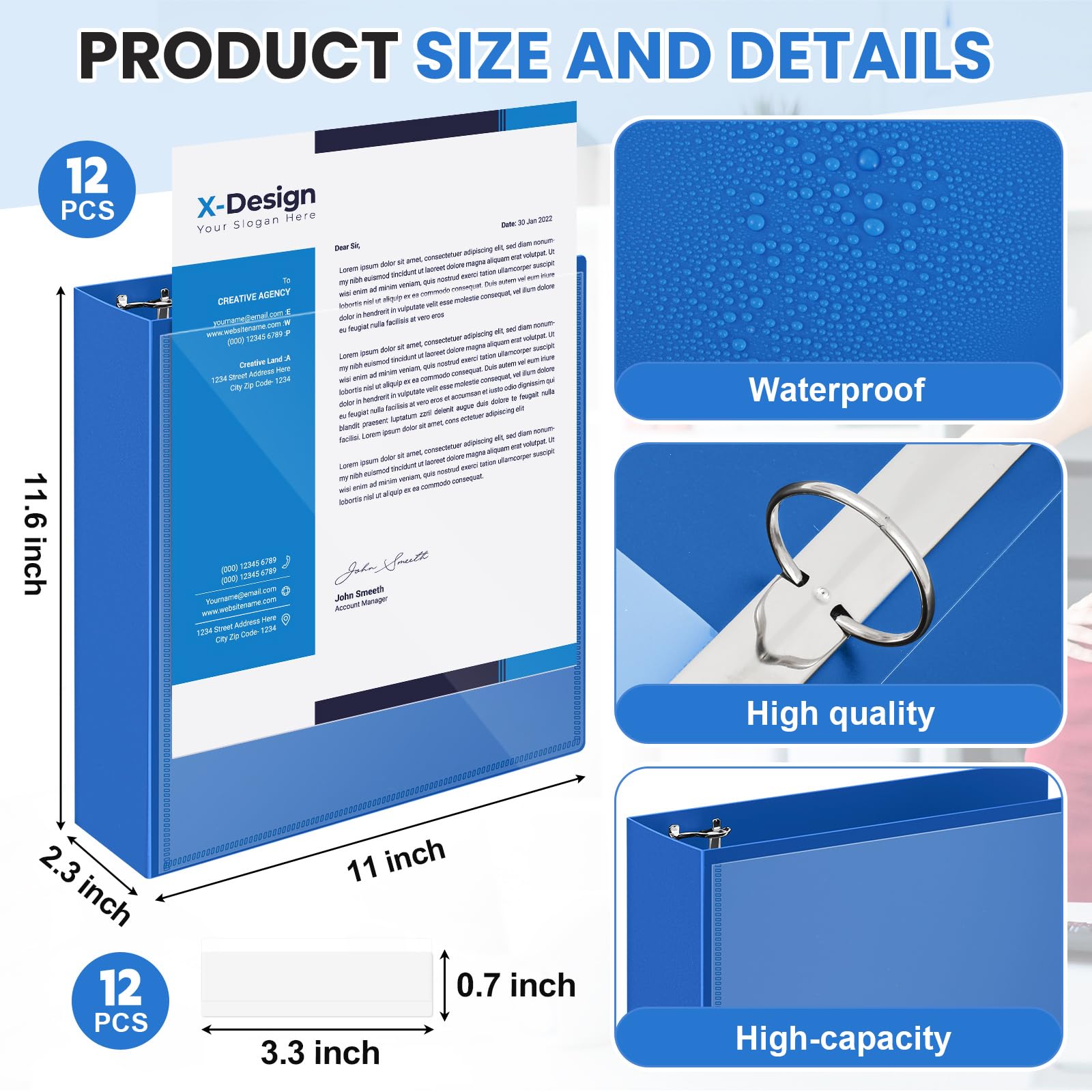 Henoyso 12 mini raccoglitori a 3 anelli da 5,1 cm, adatti per carta da 14 x 21,6 cm, tre anelli rotondi in polipropilene blu, mini raccoglitori per scuola, ufficio, ricette, pagine di album