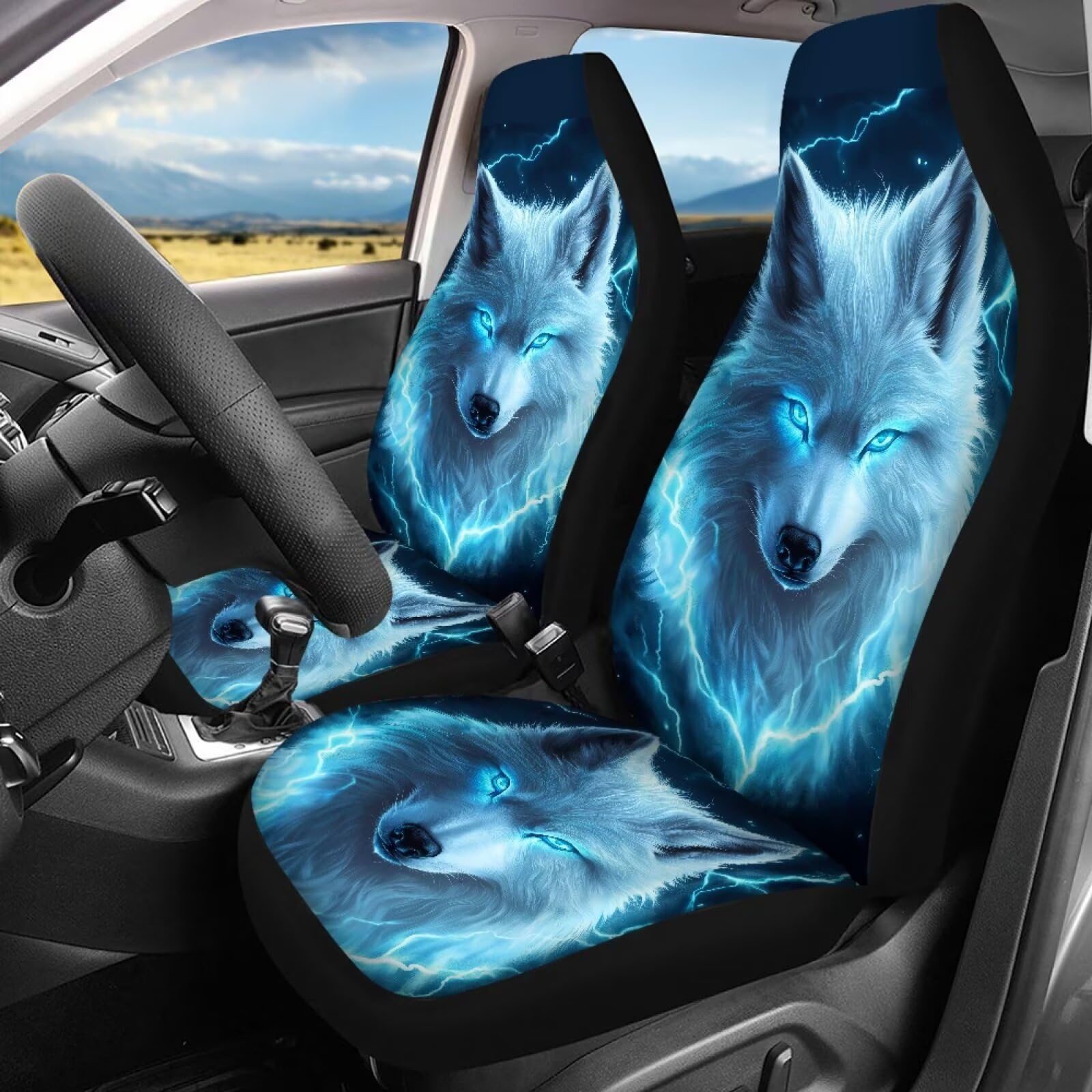 Lot de 4 housses de siège de voiture avant et arrière avec imprimé loup bleu fluo - Accessoires d'intérieur de voiture pour femme