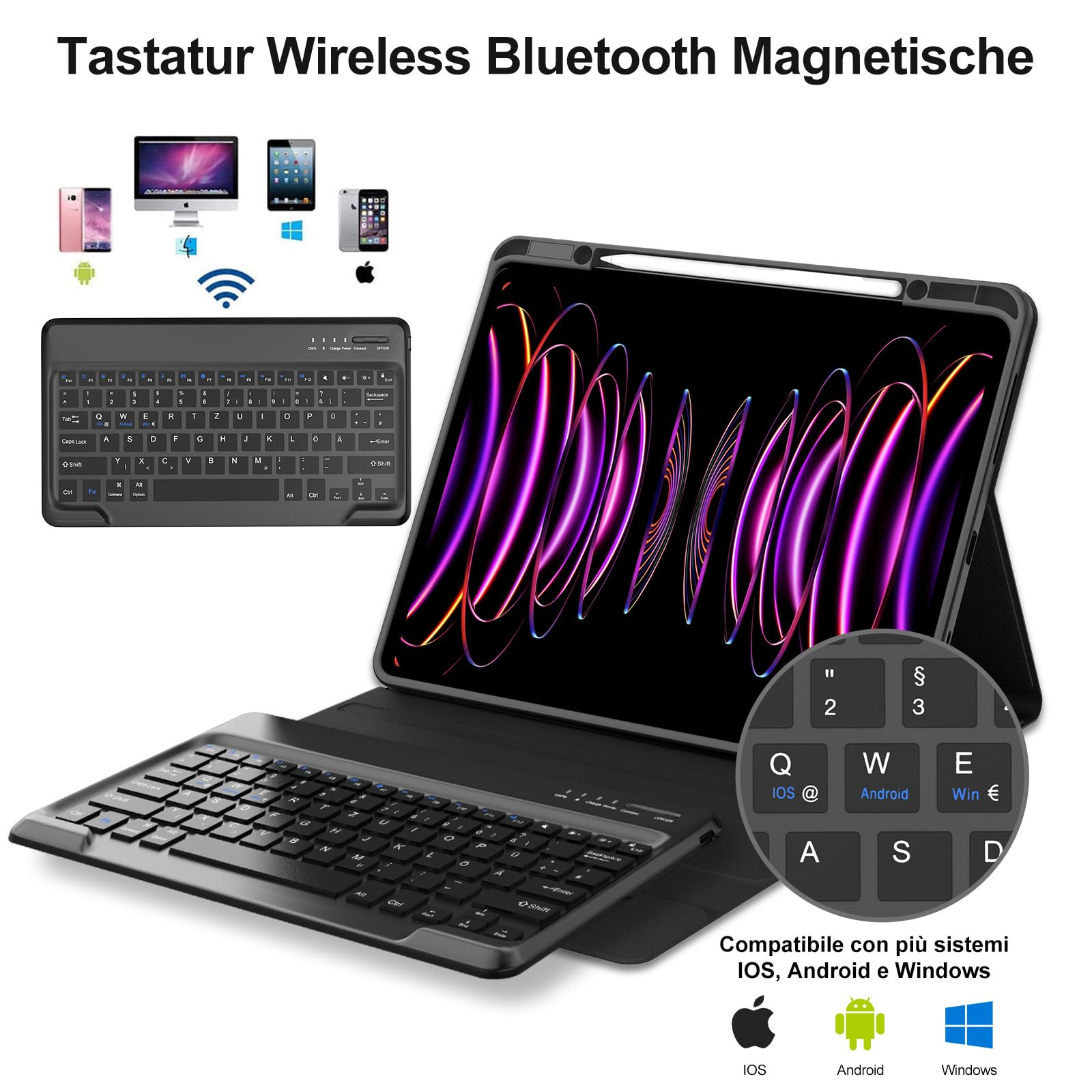 IVEOPPE Tastatur Hülle für iPad Pro 12,9 Zoll 6/5/4/3 Generation, Magnetisch abnehmbar mit Deutsches QWERTZ Layout Keyboard für iPad Pro 12.9", Soft TPU und Leder, Schwarz