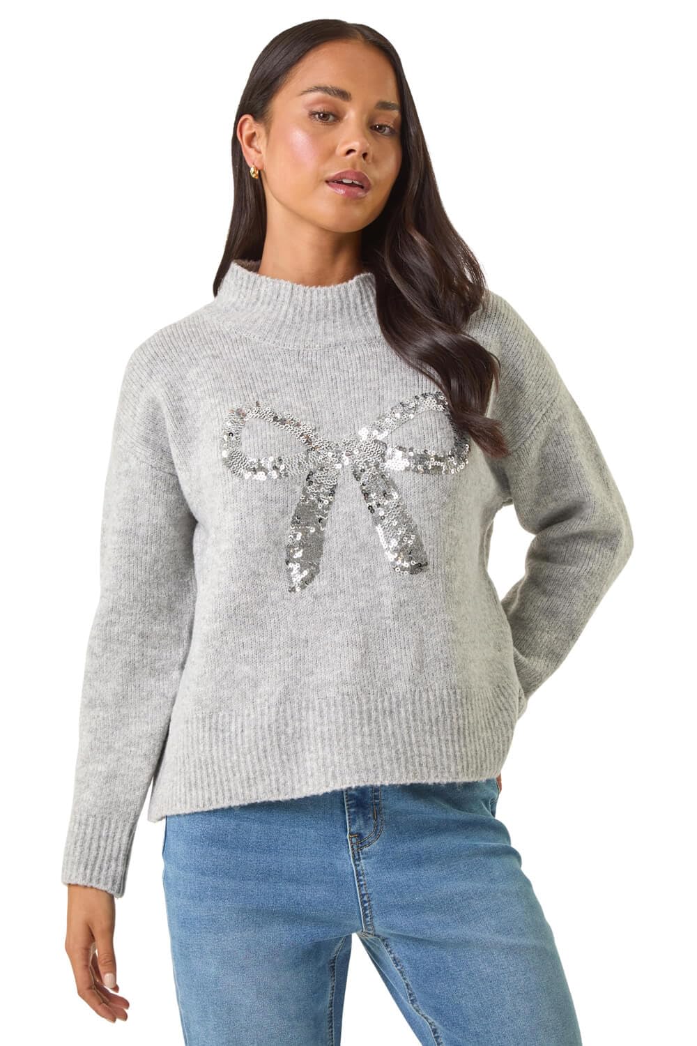 Roman Originals Women's Petite Sparkly Grey Roman Petite Sequin Bow Knit Jumper For Uk - Everyday Autumn Winter Round Neckline Comfy Soft Evening Vacation Work Party Night Out - Size 14