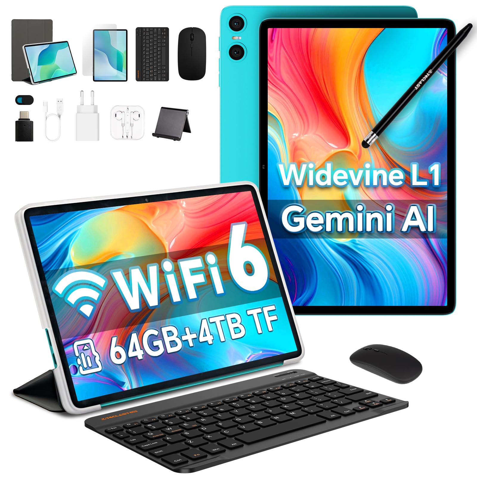 TECLAST P33 Tablet 10.1 Pollici Gemini AI Android Tablets 10 Accessori, 64GB ROM+4TB TF, 2GHz Octa-Core, 5G WiFi/Widevine L1/6000mAh, Tablet con Tastiera+Custodia+Penna+Mouse+Auricolari+OTG+Supporto