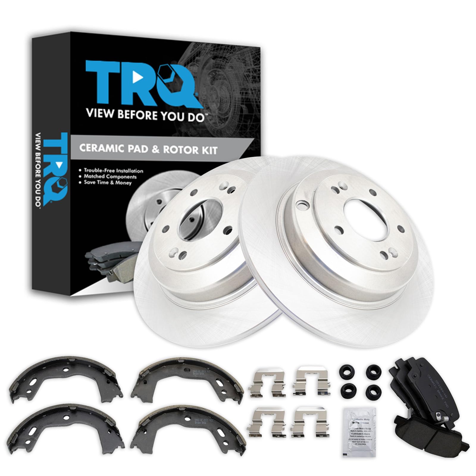 TRQ Rear Brake Pad and Rotor Set Ceramic Parking Brake Shoes Compatible with 2010-2014 Hyundai Genesis Coupe 17 Inch Wheels