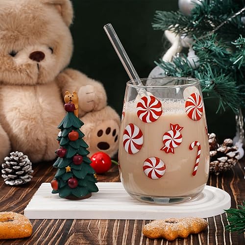 Miniatura 5 de Whaline 2 copas de vino sin tallo de Navidad de 17 onzas con tema de caramelo de Navidad, vasos de bastón de caramelo, vasos para suministros de