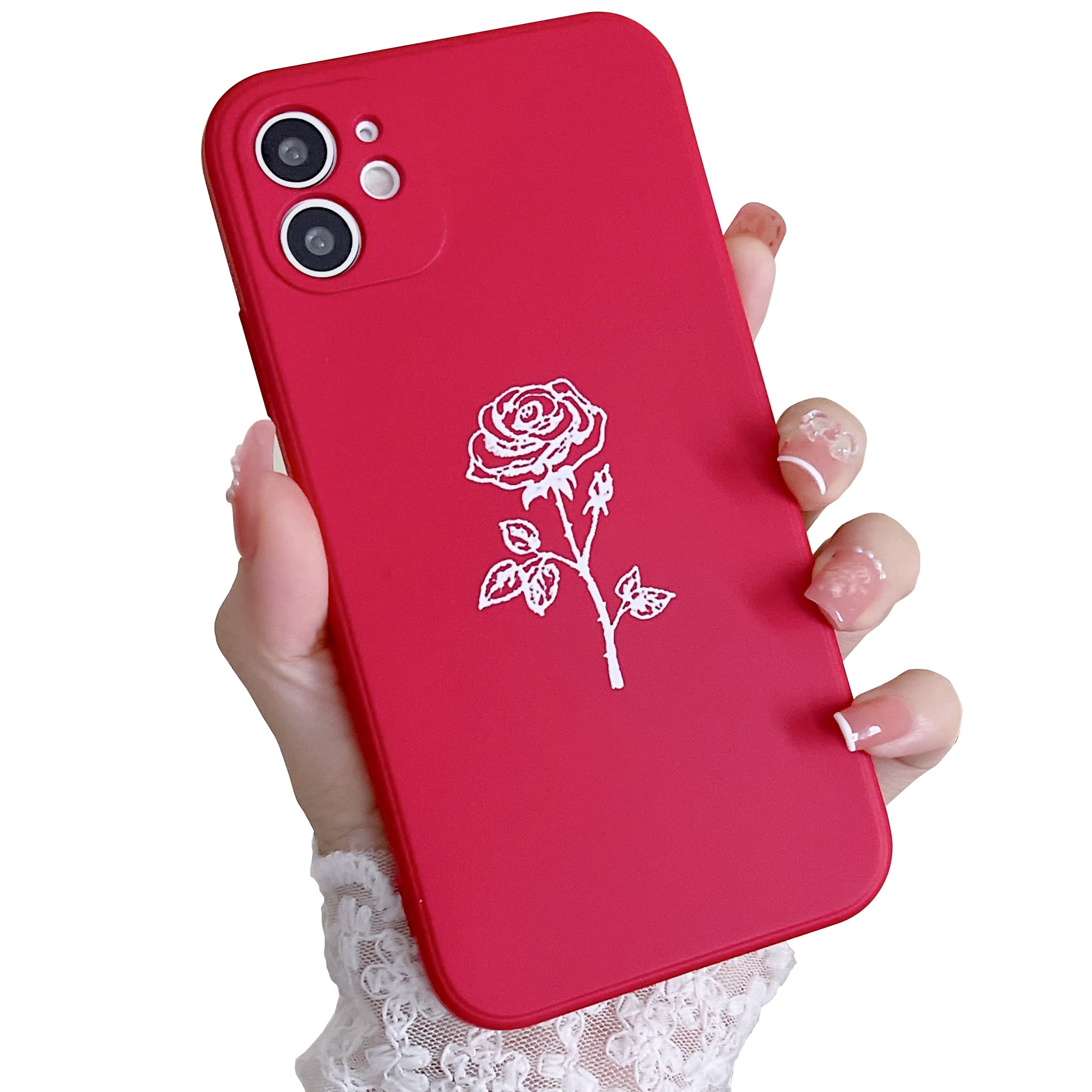 YIKUSO Compatible with iPhone 11 Case Silicone Gel Rubber Phone Cases, Cover 6.1 Inch Full Body Soft Protective Rose Flower Case Cute for Women (Elegant red)