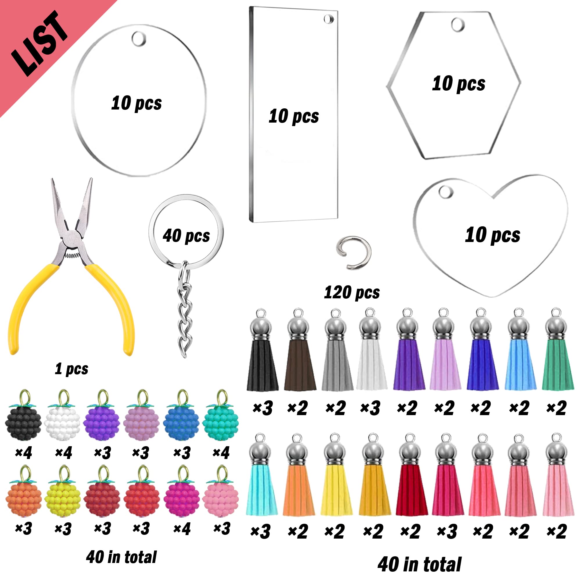 Myzzxt 281 PCS Acrylic Keychain Blank Kit, 4 Shapes of Acrylic Clear Blanks, Key Rings, Tassels, Raspberry Decorations, Jump Rings and Craft Pliers for DIY Keychain Vinyl Crafting