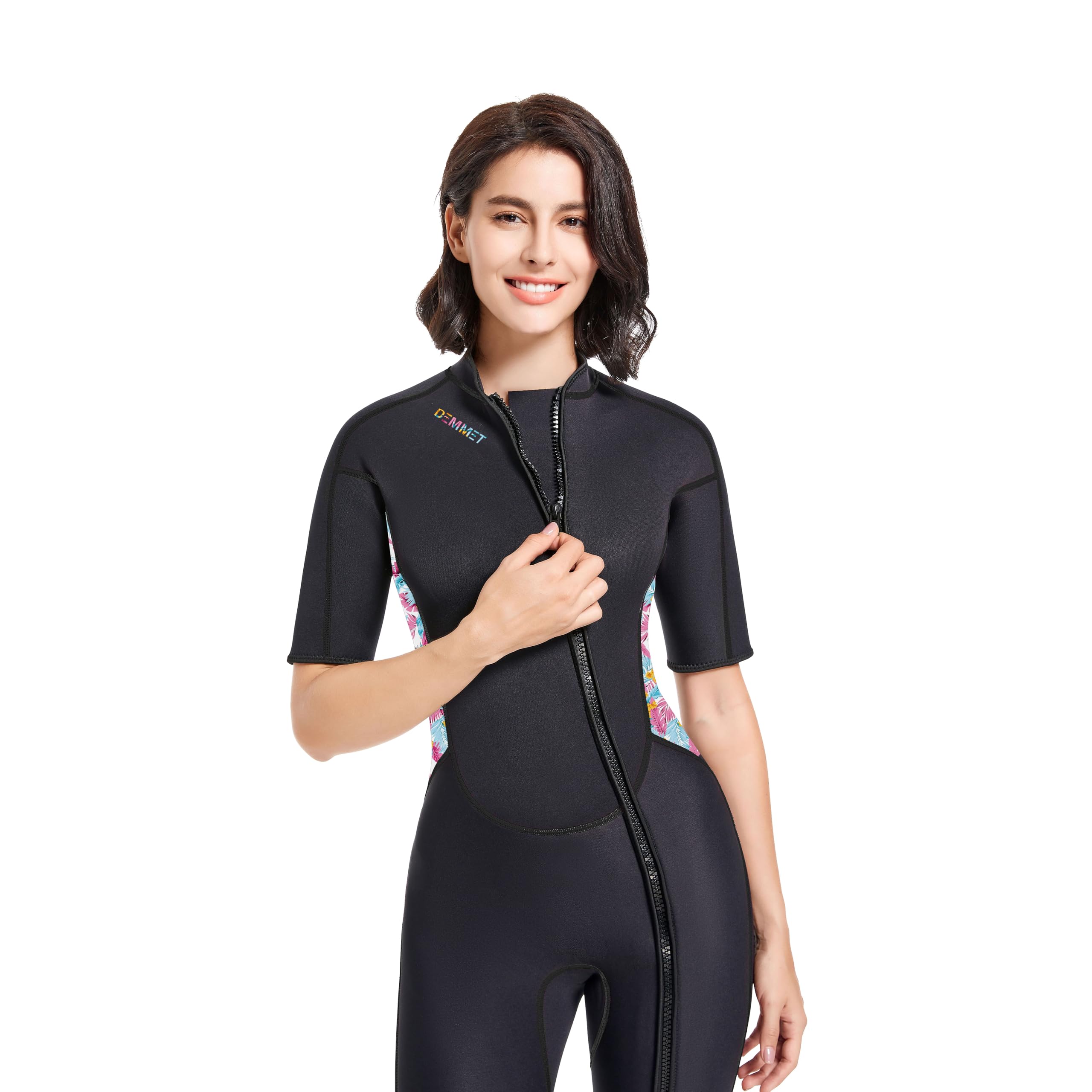 Combinaison de plongée pour Femmes 1.5mm Manches Courtes imprimé Rose et Bleu ajustée Protection Contre Les UV Chaude Haute élasticité Fermeture éclair Frontale