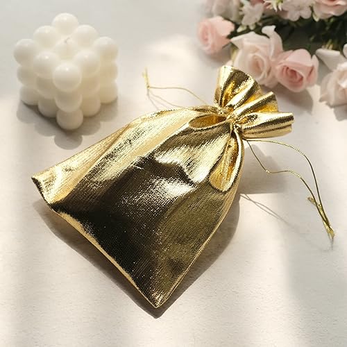 Efavormart - Paquete de 10 bolsas de regalo de poliéster cojo dorado metálico de 5 x 7 pulgadas, bolsa de tela brillante con cordón