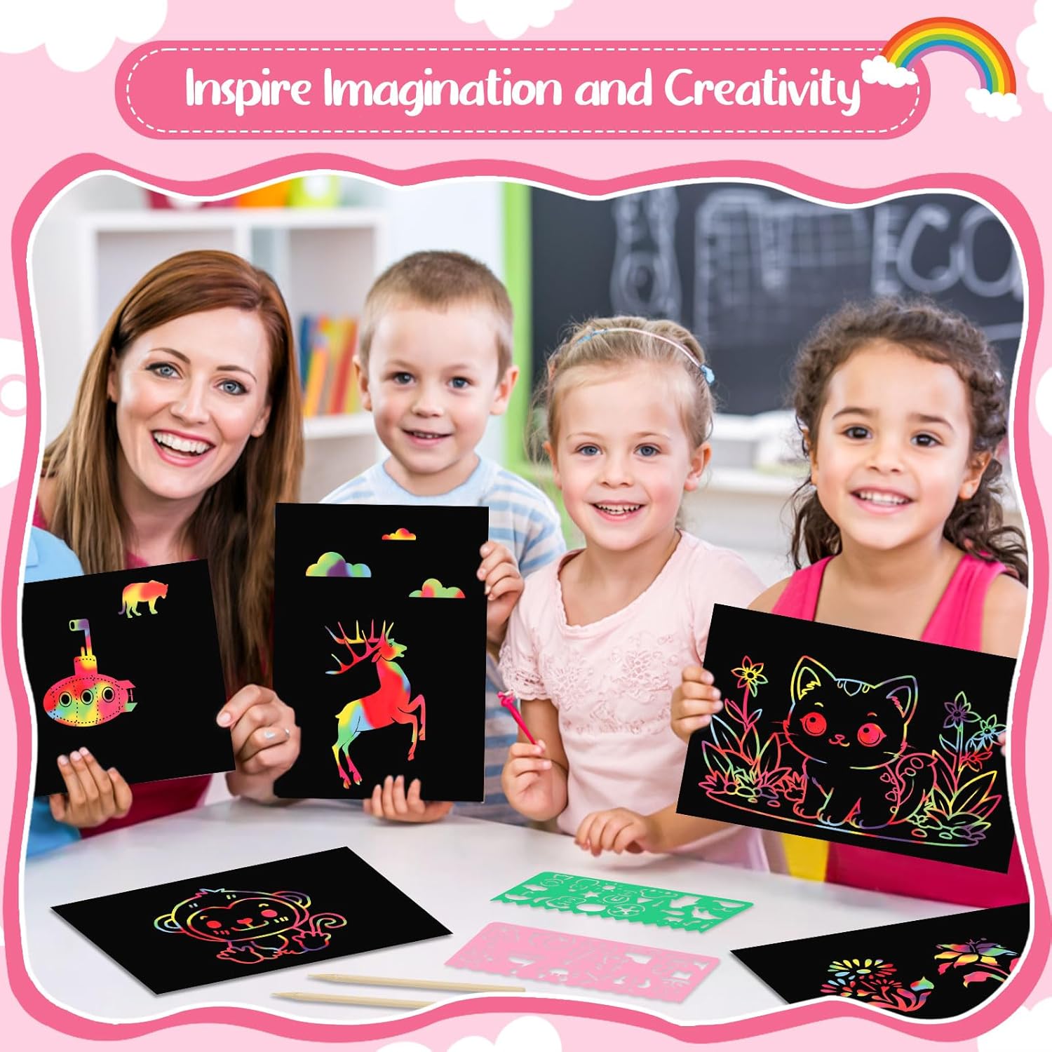 Prudiut 90 Pcs Scratch Art Paper Rainbow Sets, Scratch Paper Rainbow Black Scratch Off Art Gifts Art Craft Supplies Kits Classroom Easter Gifts for Kids - Image 4