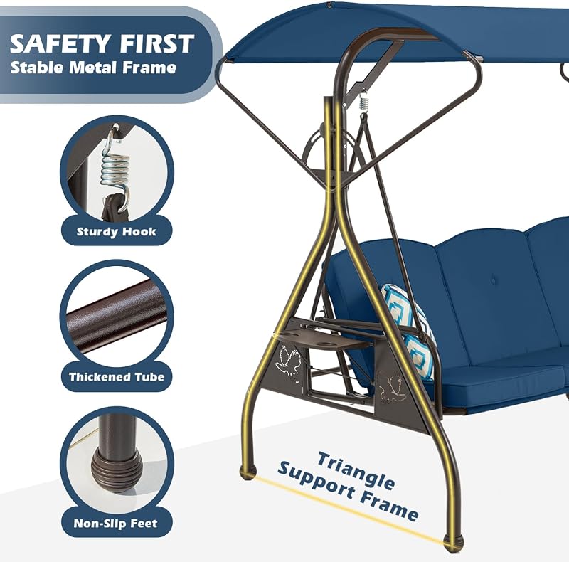 ZZW 800LBS Patio Swing with Canopy 3 Seat Outdoor Porch Swing with Stand w/Cup Holder & Pillow Glider Chair Swing Bed for Patio Backyard Poolside (Blue) image 3
