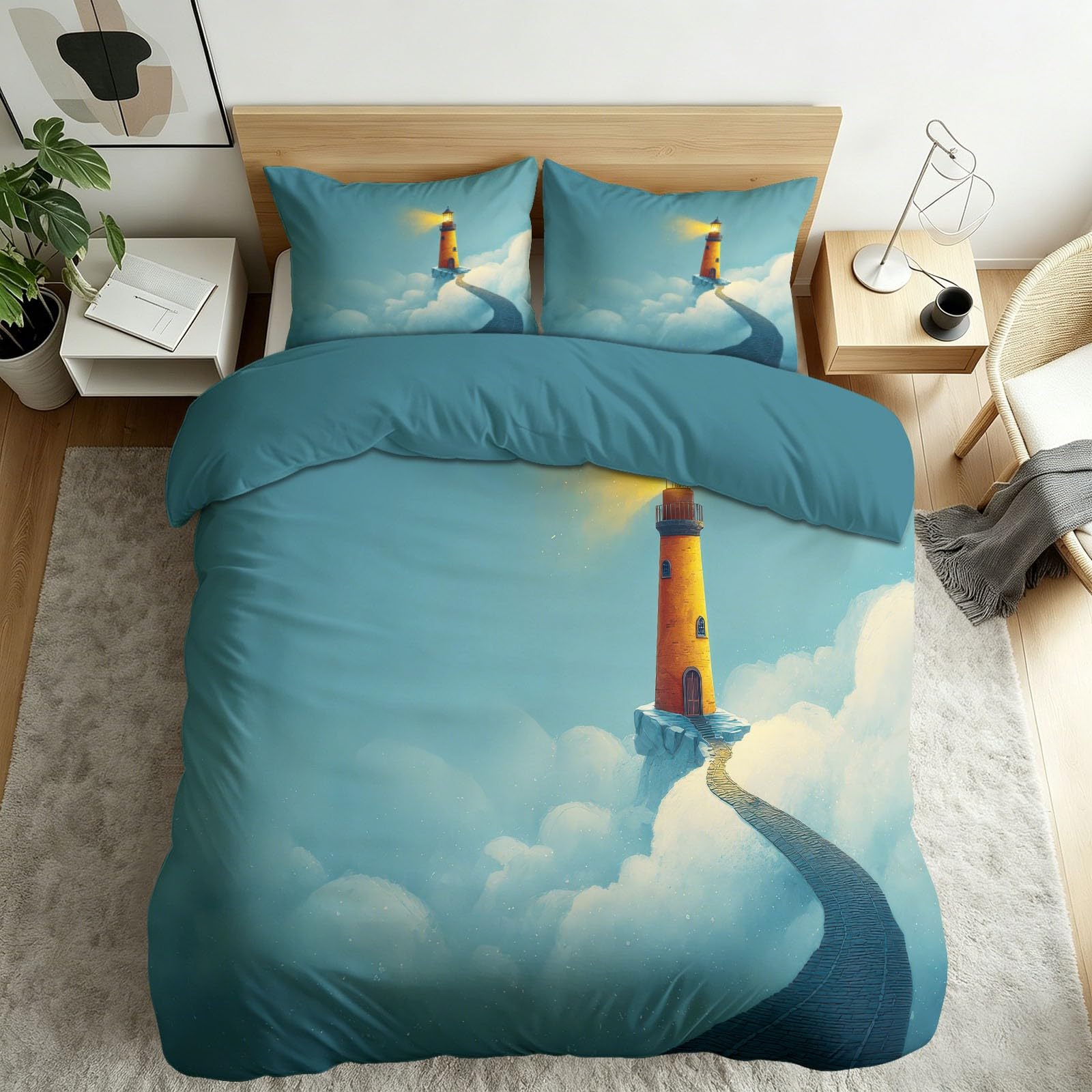Housse de couette 140 x 200 avec fermeture éclair paysage phare et mer