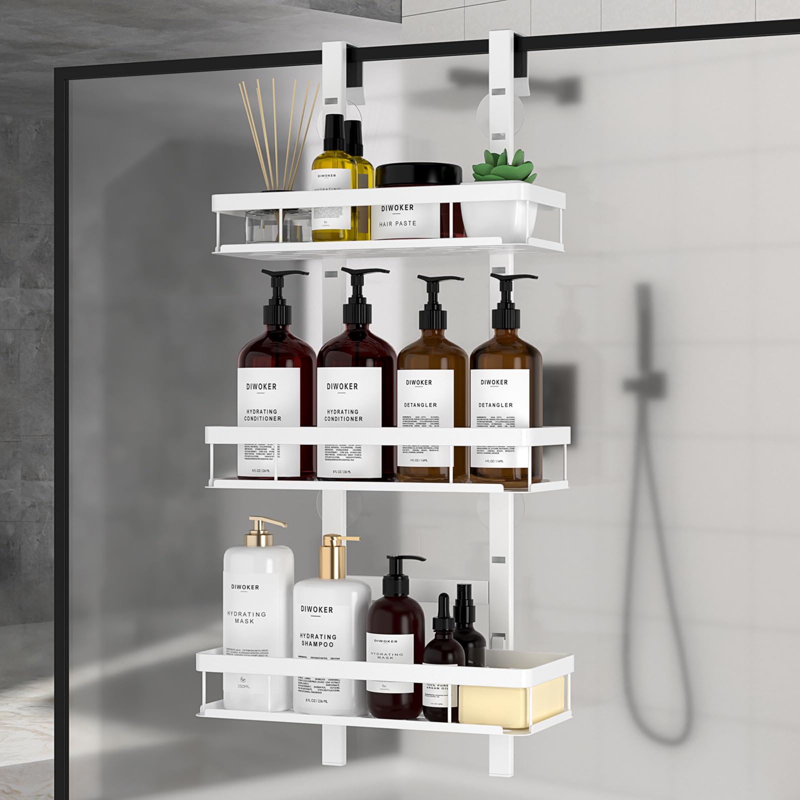 Diwoker Shower Caddy Hanging - Over Door Shower Shelf, Adjustable Height Bathroom Storage No Drilling Hanging Shower Organiser (White, 3-Tier)