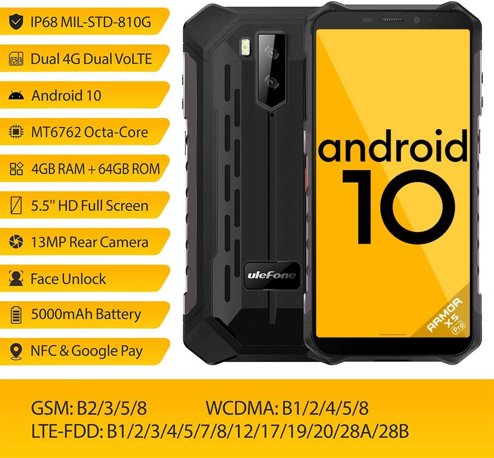 Flash Deals - 40% OFF Rugged Smartphone Ulefone Armor X5 Pro, Waterproof IP68 Dual SIM Unlocked Phones, Global 4G LTE, 8-Octa-core Android 10, 4GB+64GB, 5000mAh Battery, Face Recognition, Bluetooth, NFC, Compass -Black Best Deal Rugged Smartphone Ulefone Armor X5 Pro, Waterproof IP68 Dual SIM Unlocked Phones, Global 4G LTE, 8-Octa-core Android 10, 4GB+64GB, 5000mAh Battery, Face Recognition, Bluetooth, NFC, Compass -Black