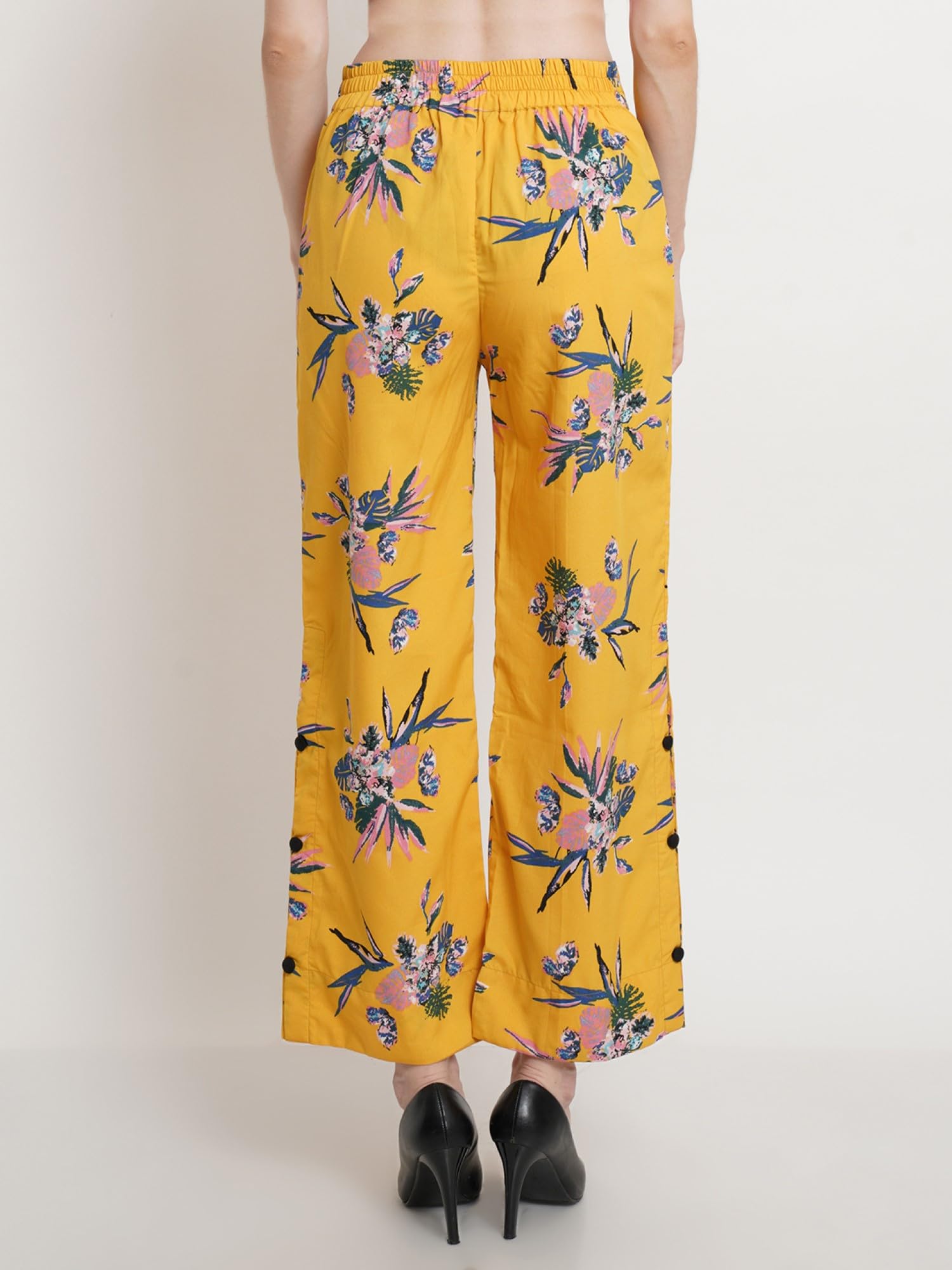 Popwings Casual Yellow Floral Printed Regular Fit Palazzo For Women Palazzos For Women