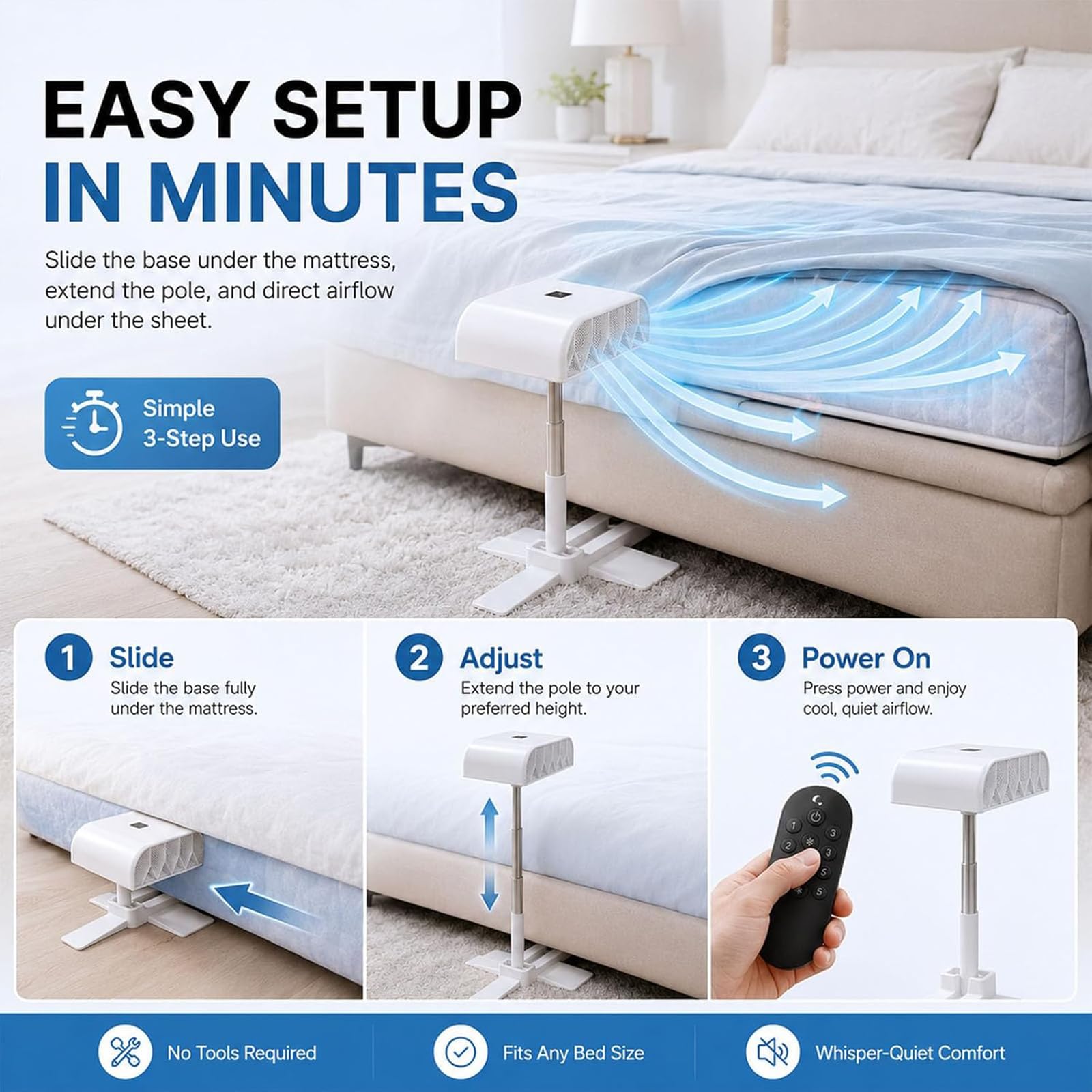 Ventilador De Cama, Circulador De Aire para Debajo De La Sábana, con 5 Velocidades Y Control Remoto, Altura Ajustable, Recargable De 10000 Mah