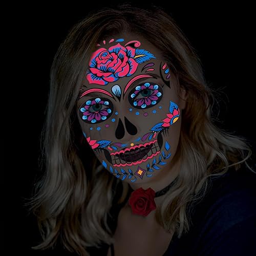 Miniatura 6 de Tatuajes faciales temporales de Halloween (paquete de 6), maquillaje de Konsait Día de los Muertos, que brilla en la oscuridad, calavera de azúcar,