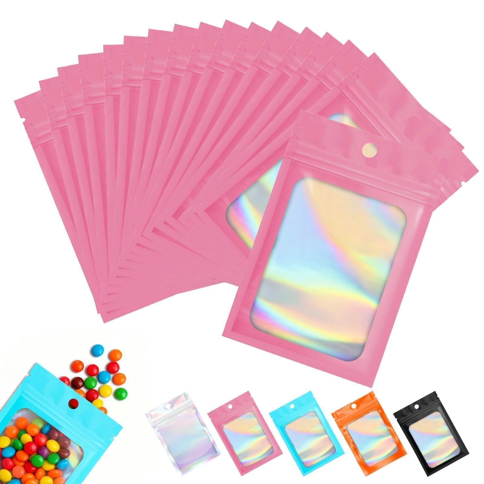 Mylar Bags 4.7×7.9 Inch Holographic Bags Resealable Sealable — Small Ziplock Bags for Food Candy Jewelry Party Gifts 60 Pcs Pink