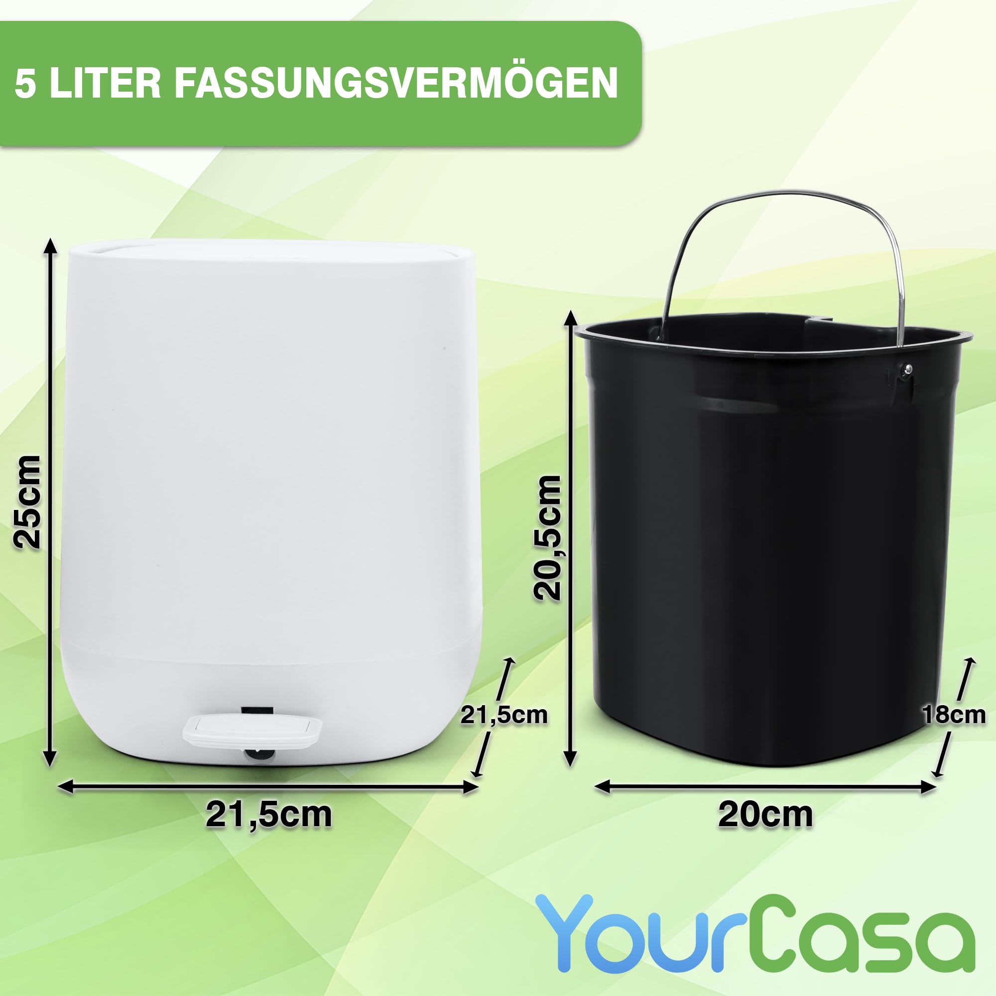 YourCasa Mülleimer Bad [5L] - Elegantes Design - Badeimer - Kosmetikeimer Badezimmer Klein - Badmülleimer mit Deckel und Softclose – Abfalleimer Toilette WC - herausnehmbaren Inneneimer (Weiss)