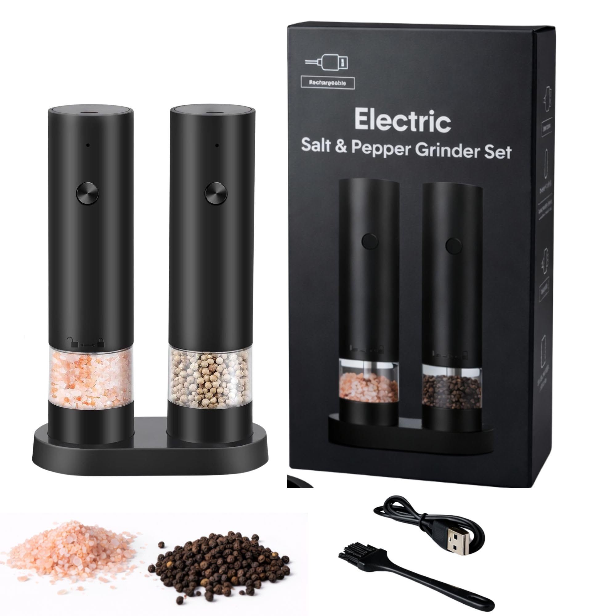 Electric Salt and Pepper Grinder Set, Rechargeable Automatic Pepper Mill with Adjustable Coarseness, One-Touch Operation, Ceramic Grinder, Modern Kitchen Set (Black)