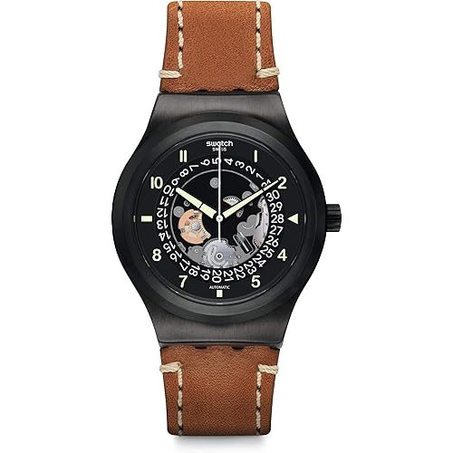 Swatch Mens Analogue Automatic Watch with Leather Strap YIB402, Brown, One Size, Bracelet