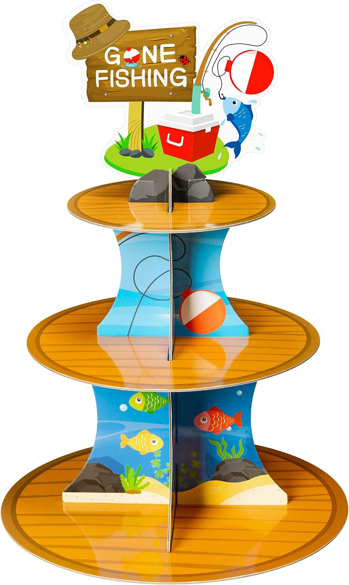 ANGOLIO 3 Tiers Go Fishing Cupcake Stand Fishing Birthday Party Cardboard Cupcake Holder Decorations Fishing Gear Dessert Tower Party Supplies for Kids Boys Blue Themed Baby Shower