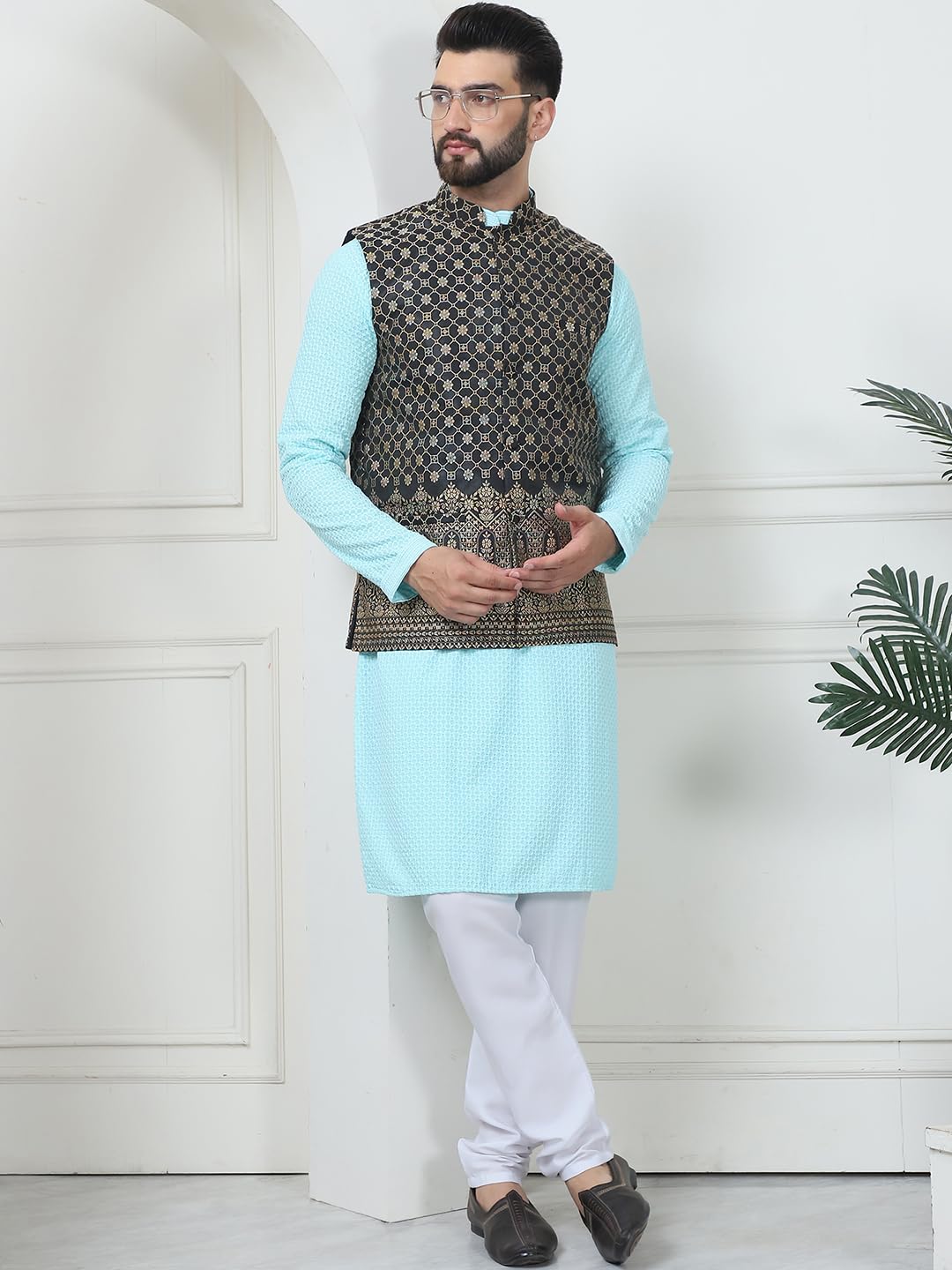 Sojanya (Since 1958 Men's Pure Cotton Sky Blue Kurta And White Pyjama With Black Nehru Jacket