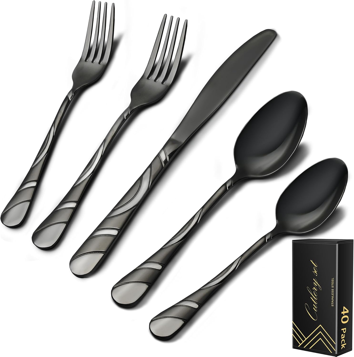 Black Silverware Set for 8, 18/0 Stainless Steel 40-Piece Frosted & Mirror Finish Flatware Set, Modern Cutlery Set for Wedding Restaurant Housewarming Party Event Serving For 8