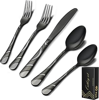 IFERRENS Black 40-Piece Silverware Set for 8 - 18/0 Stainless Steel Frosted & Mirror Finish Flatware, Modern Cutlery for Weddings & Home