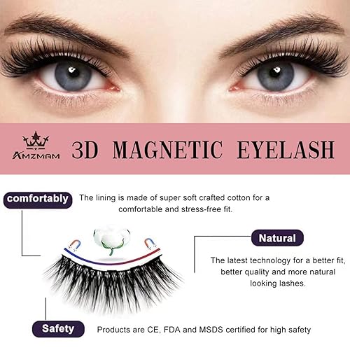 Miniatura 4 de Amzmam Pestañas magnéticas con delineador de ojos, kit de pestañas magnéticas, 2 pares de pestañas reutilizables de aspecto natural 3D premium con