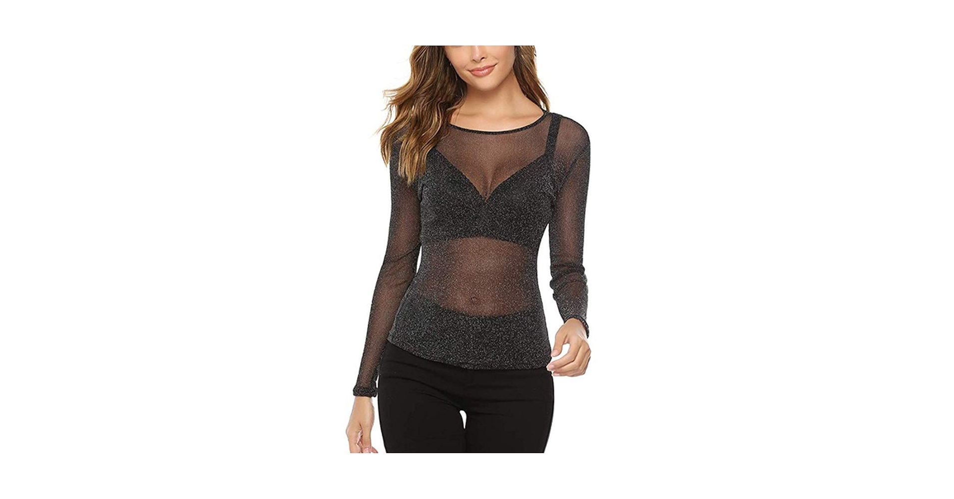 CERYIWER Women's Sexy See Through Shirts Long Sleeve Glitter