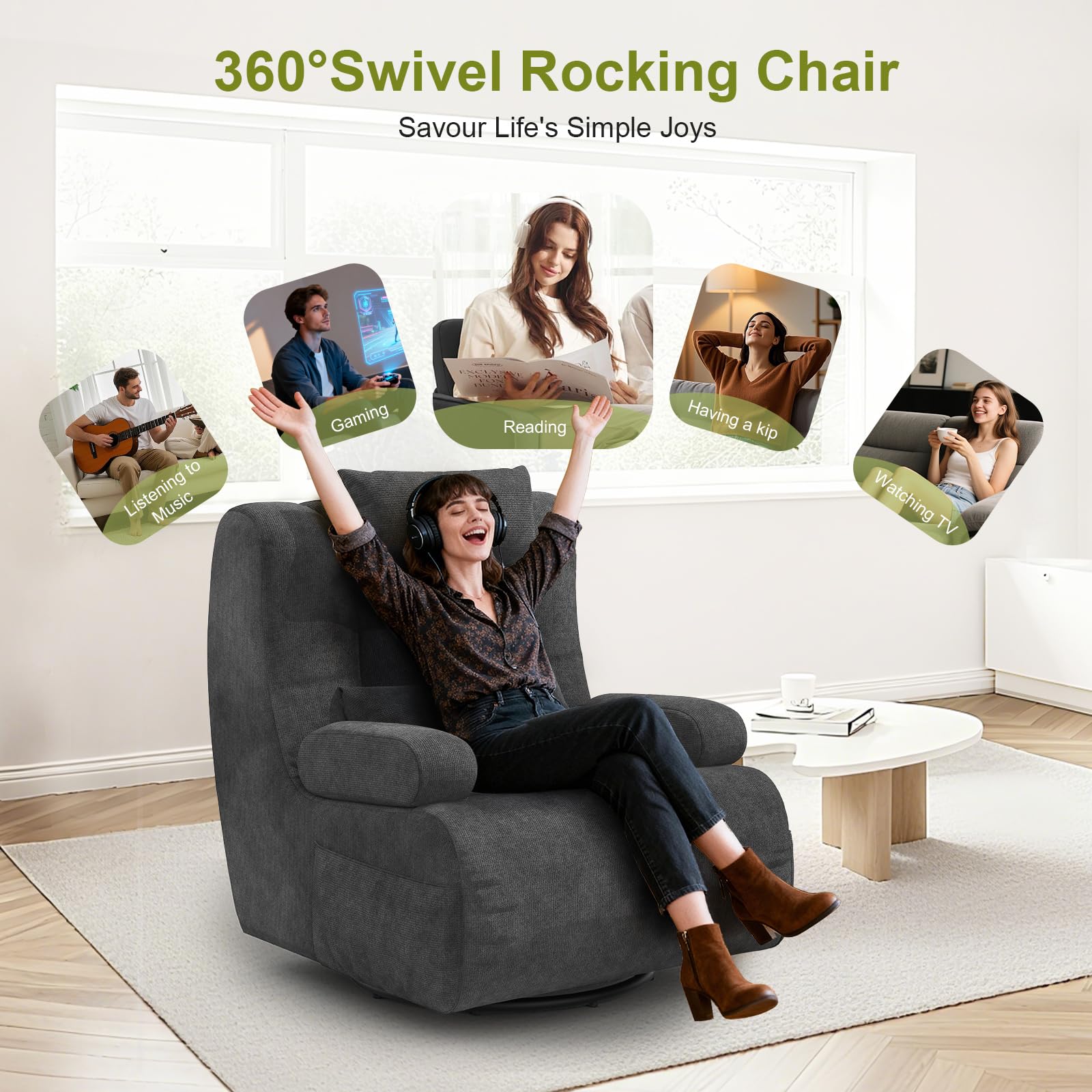 Fauteuil Salon pour Salon avec 2 Coussins Supplémentaires, Dossier et Coussin Rembourrés, 2 Poches Latérales, 360° Fauteuil Pivotant per Home Cinéma, Fauteuil Surdimensionné à Dossier Haut