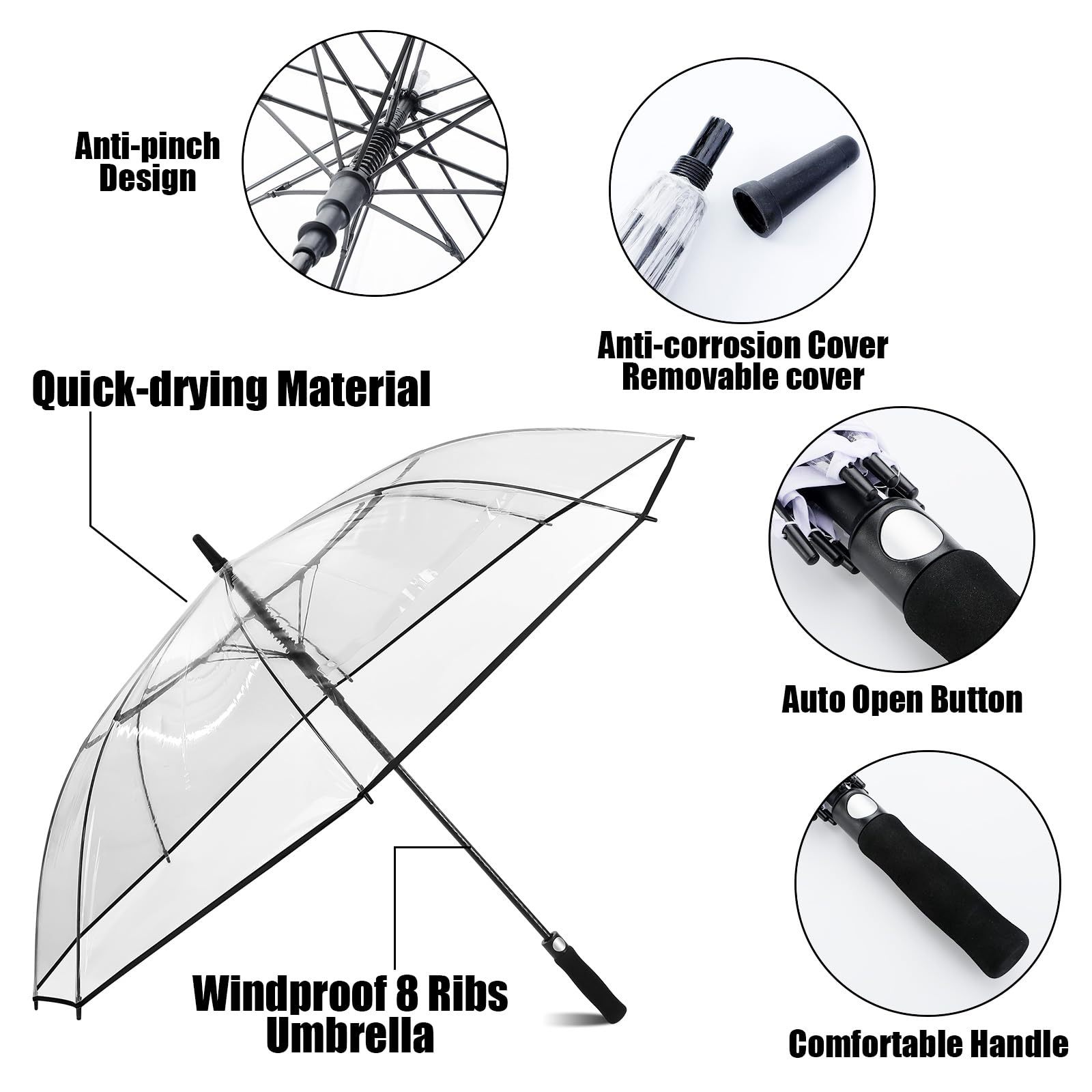 Shinylin Lot de 3 grands parapluies de golf transparents de 155,7 cm - Parapluie de golf surdimensionné à ouverture automatique - Coupe-vent - Imperméable - Pour adultes, hommes et femmes, mariages,