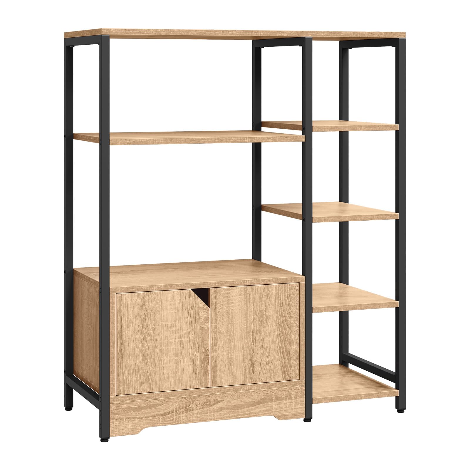 WOLTU Bücherregal, Standregal, Bücherschrank mit Türen, für Wohnzimmer Schlafzimmer Küche, Industrial, Metallrahmen, 80x97x35 cm, schwarz+helle Eiche, RGB08hei