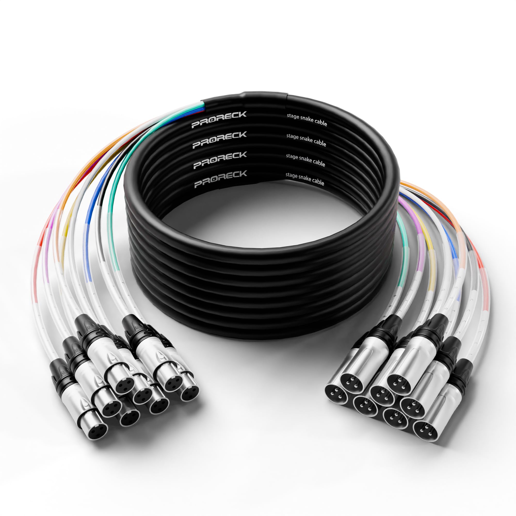 PRORECK 25ft Snake Cable, 8-Channel Shielded Audio Cable XLR Male to Female, with Color-Marked Connectors for Professional Stage, Studio, and Live (