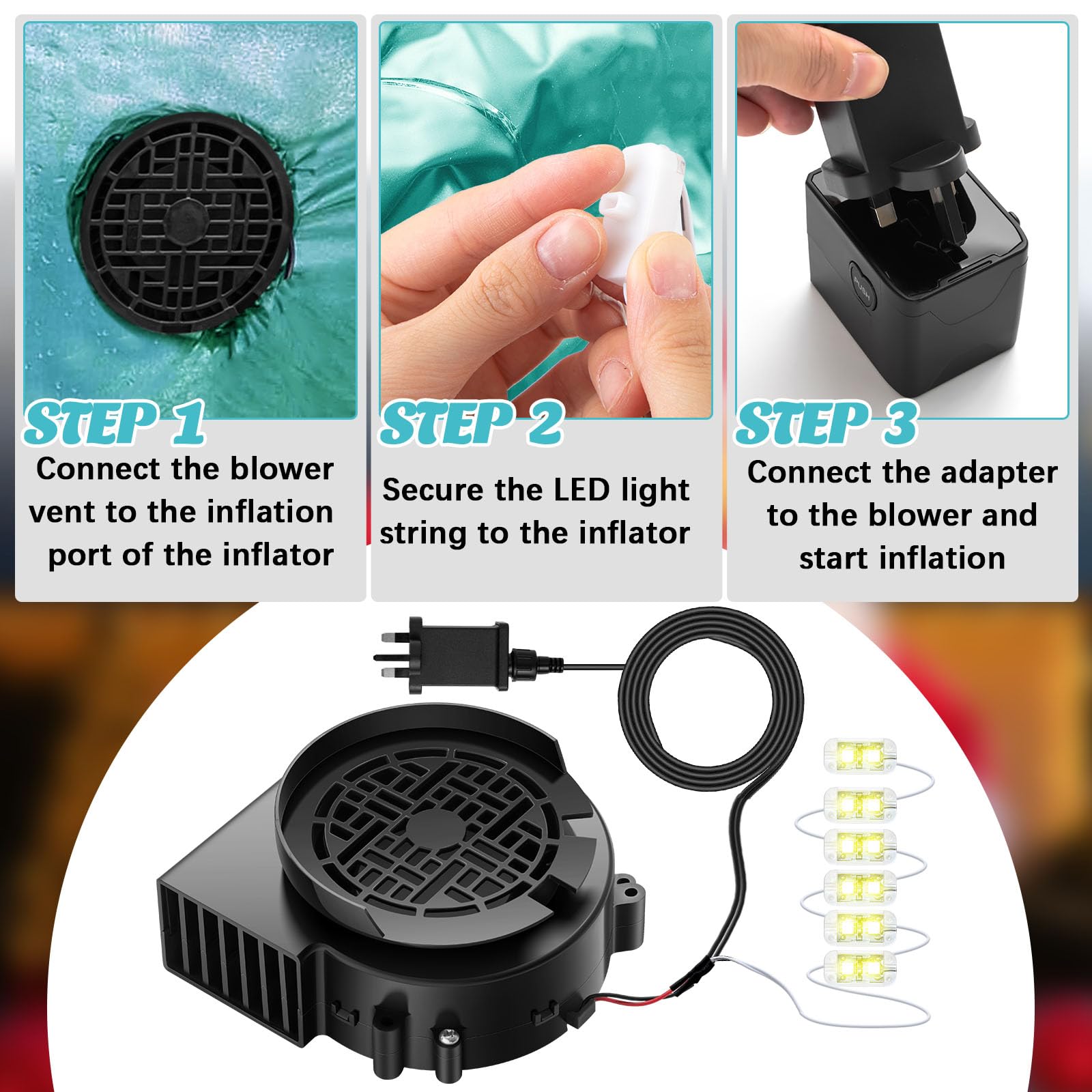 Aufblasbares Gebläse 12 V 1,0 A mit LED-Lichterkette 6 Leuchtmittel