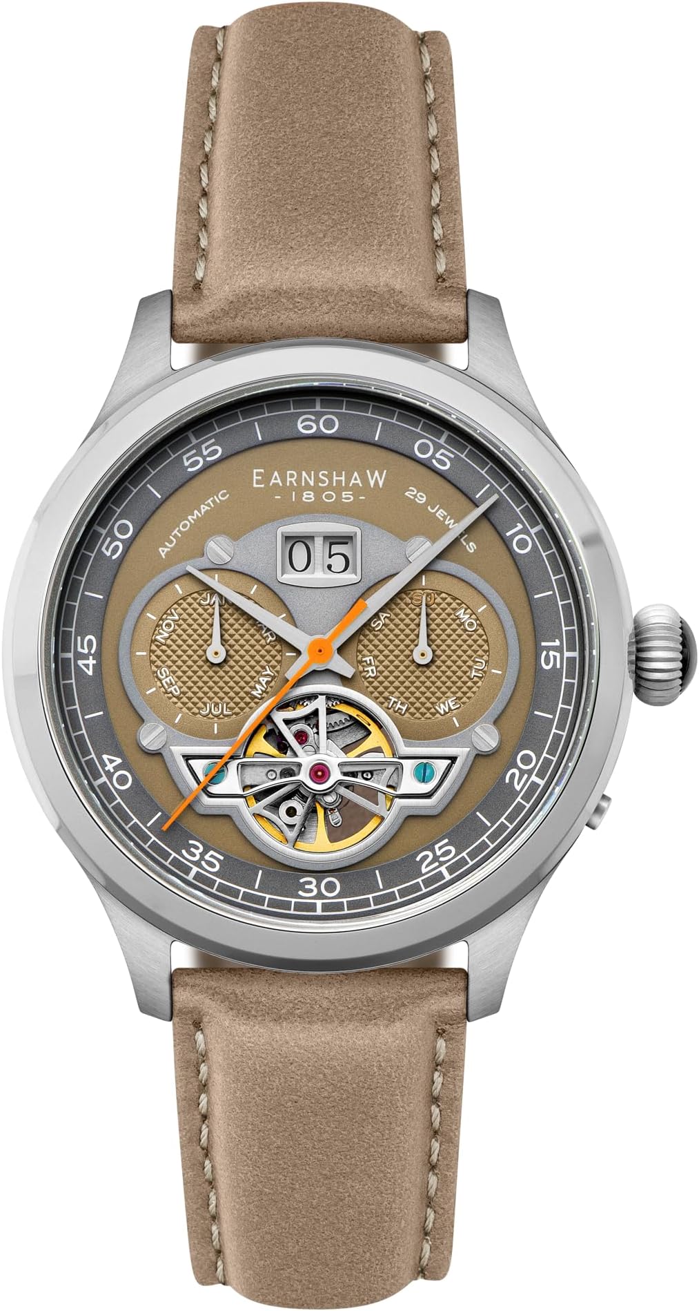 Thomas Earnshaw Men's 43mm Baron Grand Date Calendar Open Heart Automatic Watch with Leather Strap ES-8187