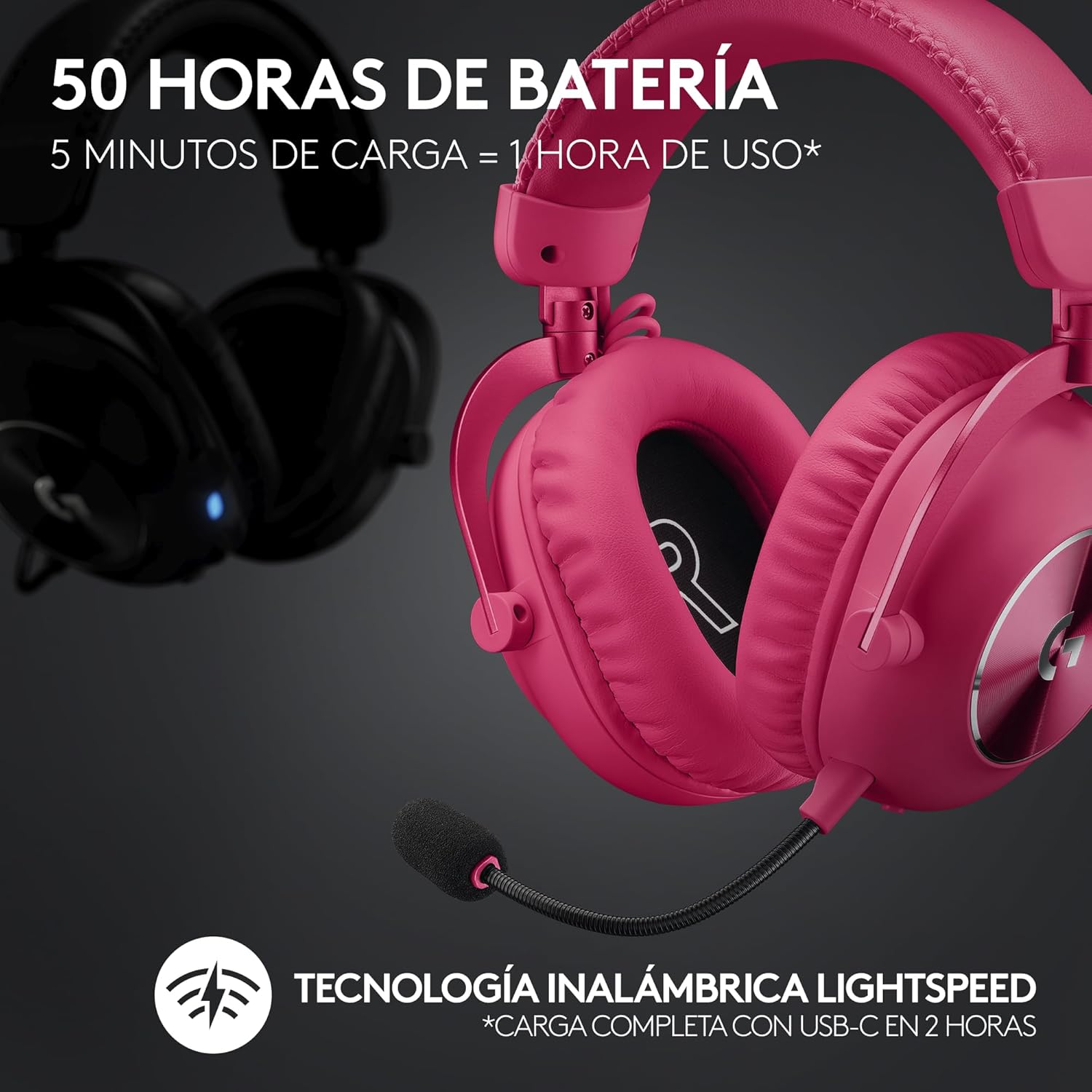 Logitech G PRO X 2 LIGHTSPEED Auriculares gaming inalámbricos, mic. brazo desmont., transductores grafeno 50 mm, DTS:X 2.0-7.1 Surround, Bluetooth/USB/3.5 mm Aux, PC, PS5, PS4, Nintendo Switch-Magenta 4