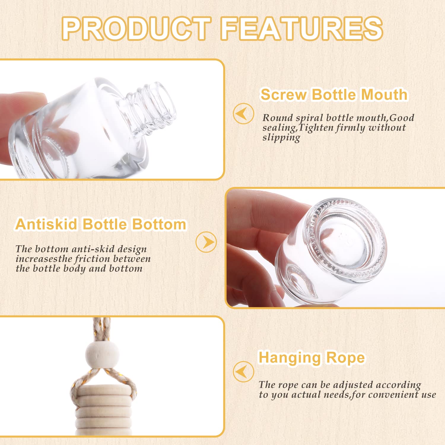 50 unidades/juego, difusor de ambientador colgante de 8 ml, difusor de perfume de vidrio transparente recargable aspiradora con tapas de madera y cuerda para colgar, estilo cilíndrico